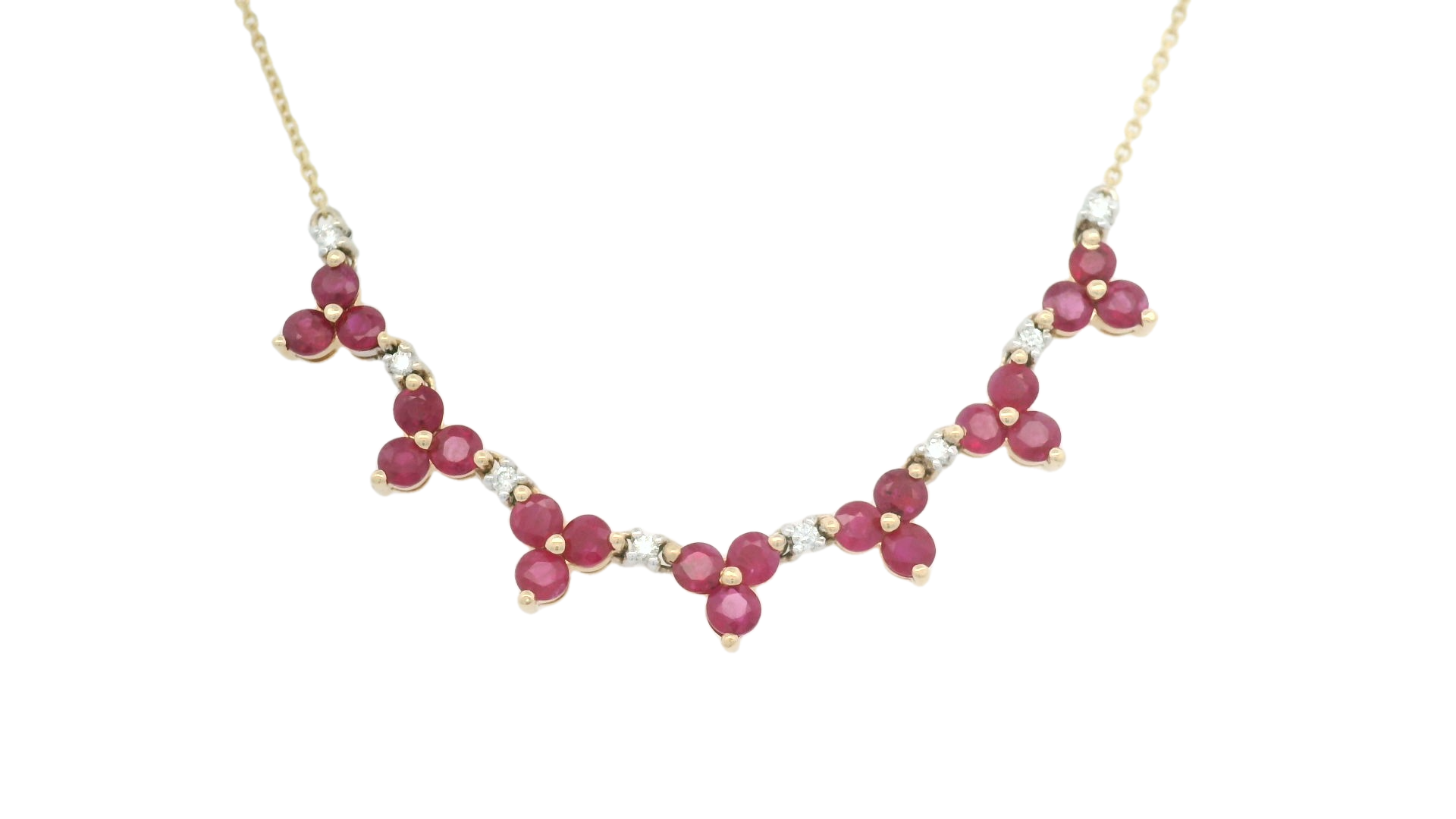 14KYG 8 BR DIAMONDS 0.14CT & 21 ROUND RUBIES 3.15CT CLUSTER NECKLACE 14KYG 8 BR DIAMONDS 0.14CT & 21 ROUND RUBIES 3.15CT CLUSTER NECKLACE