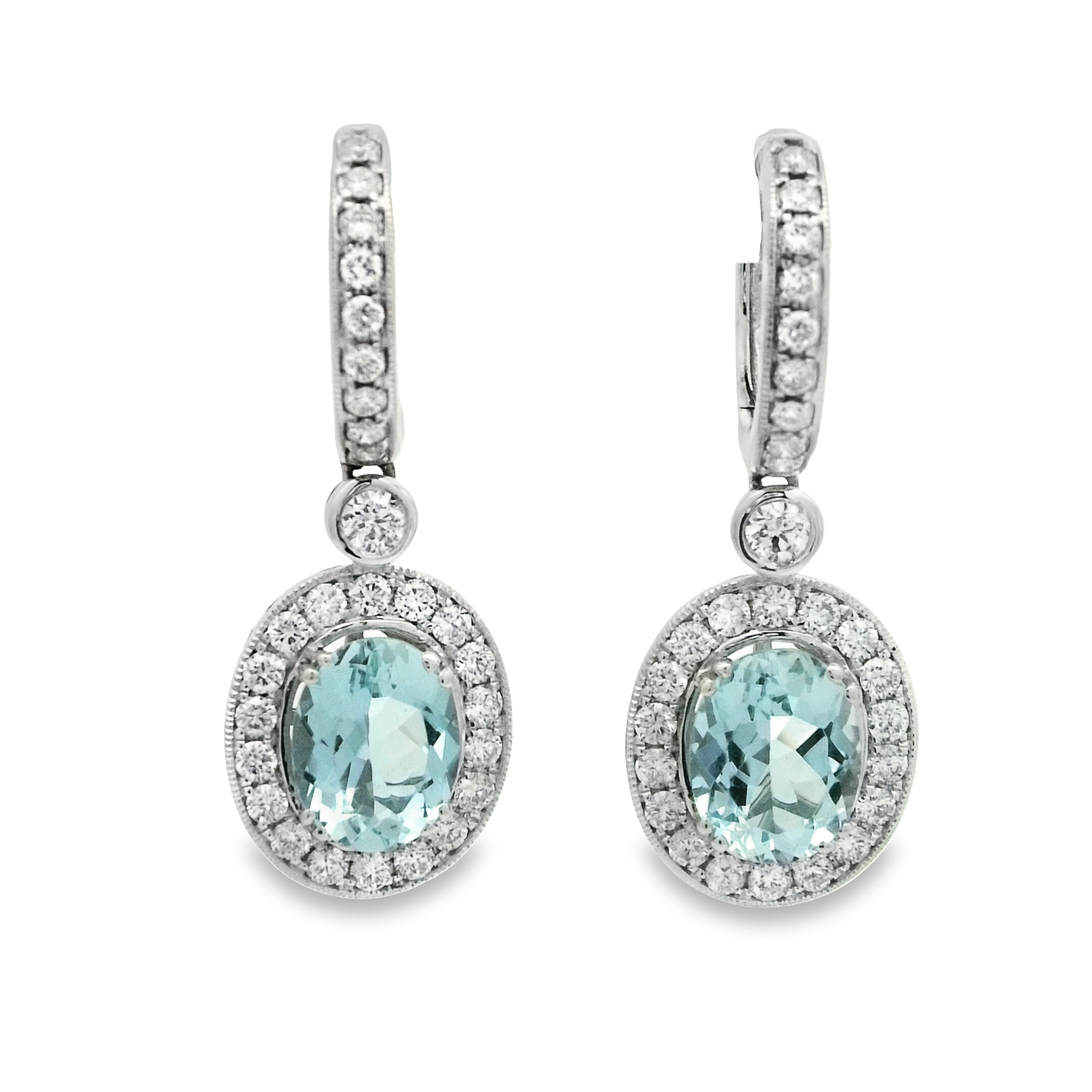 14K WG 3.24CT AQUA & 56 DIA'S 1.18CT HALO FASHION DANGLE EARRINGS 14K WG 3.24CT AQUA & 56 DIA'S 1.18CT HALO FASHION DANGLE EARRINGS