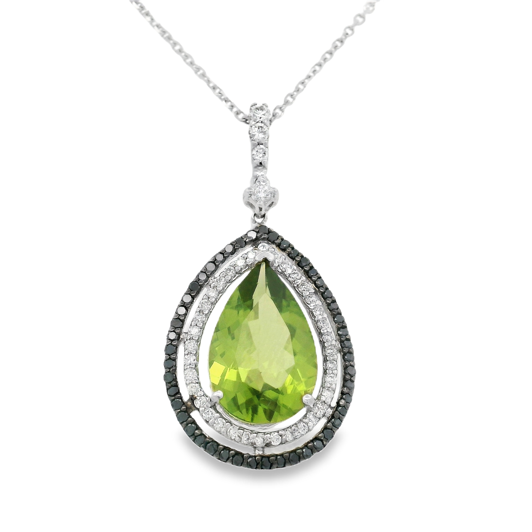 14KWG 4.50CT PEAR SHAPE PERIDOT --- 40 BR DIA & 47 BLACK DIAMONDS 0.52CT HALO PENDANT W/16" CABLE CHAIN 14KWG 4.50CT PEAR SHAPE PERIDOT --- 40 BR DIA & 47 BLACK DIAMONDS 0.52CT HALO PENDANT W/16" CABLE CHAIN