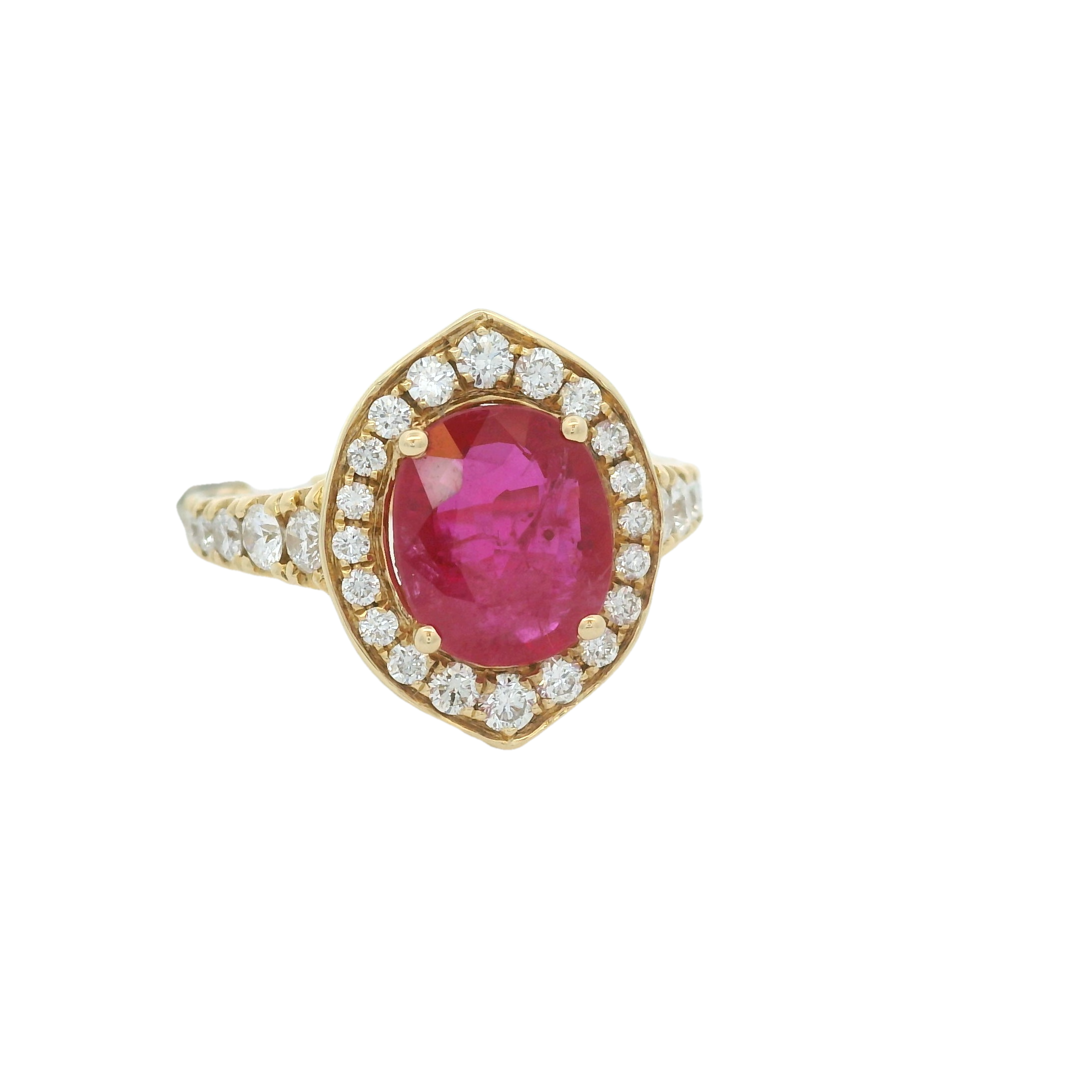 14KYG 2.32CT OVAL RUBY & 32 BR DIAMONDS 0.70CT HALO RING 14KYG 2.32CT OVAL RUBY & 32 BR DIAMONDS 0.70CT HALO RING