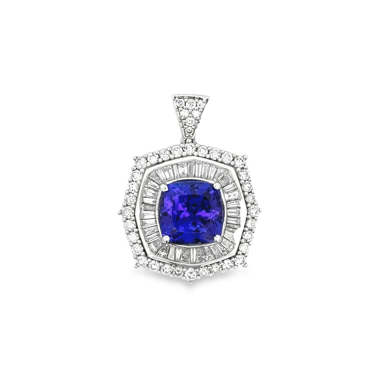 14KWG 8.03CT CUSHION TANZANITE - 39 BR & 37 BAG DIAMONDS 2.55CT HALO PENDANT 14KWG 8.03CT CUSHION TANZANITE - 39 BR & 37 BAG DIAMONDS 2.55CT HALO PENDANT