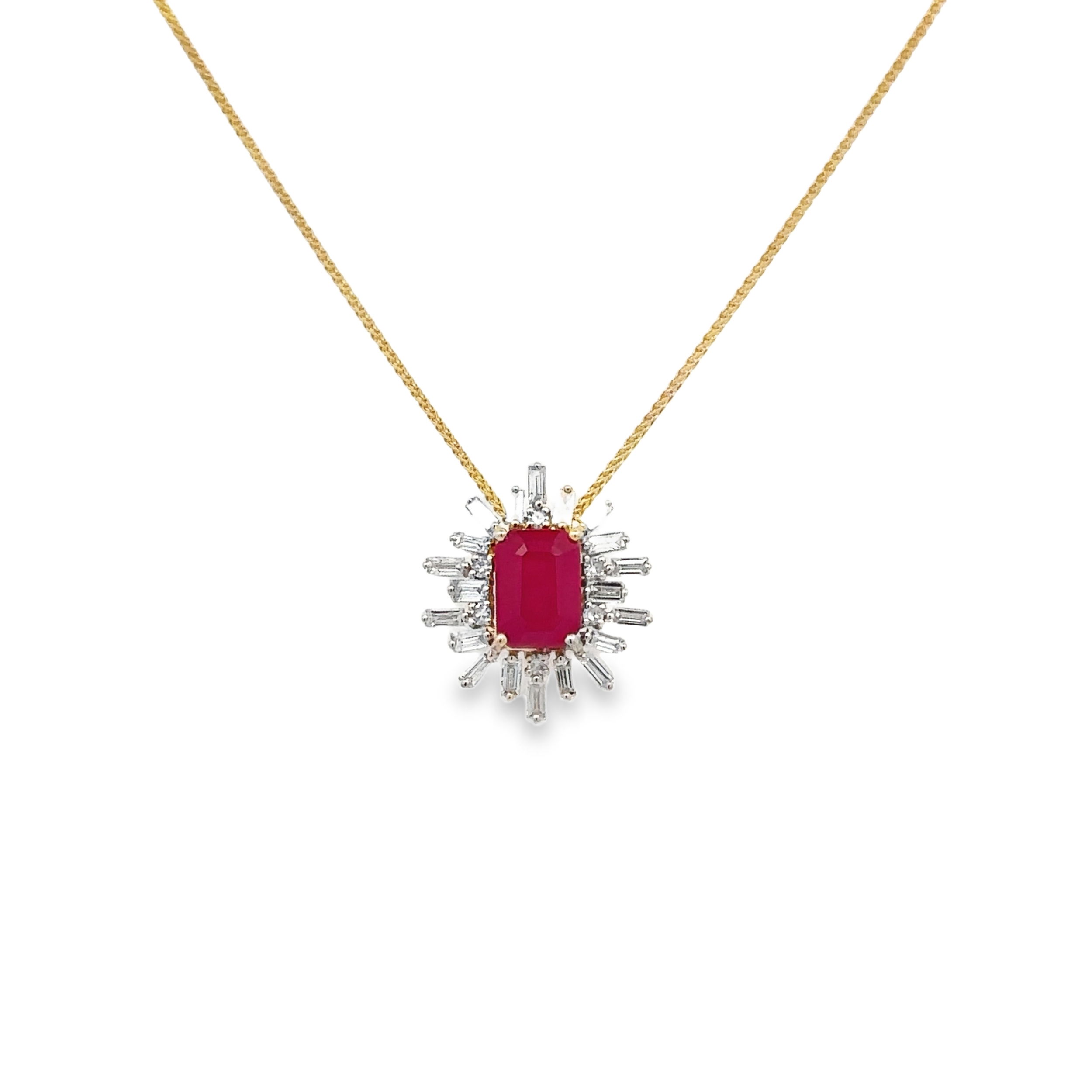 14KYG 1.10CT EMERALD CUT RUBY -- 6 BR DIA & 20 BAGUETTE DIAMONDS 0.49CT HALO PENDANT W/18" WHEAT CHAIN
