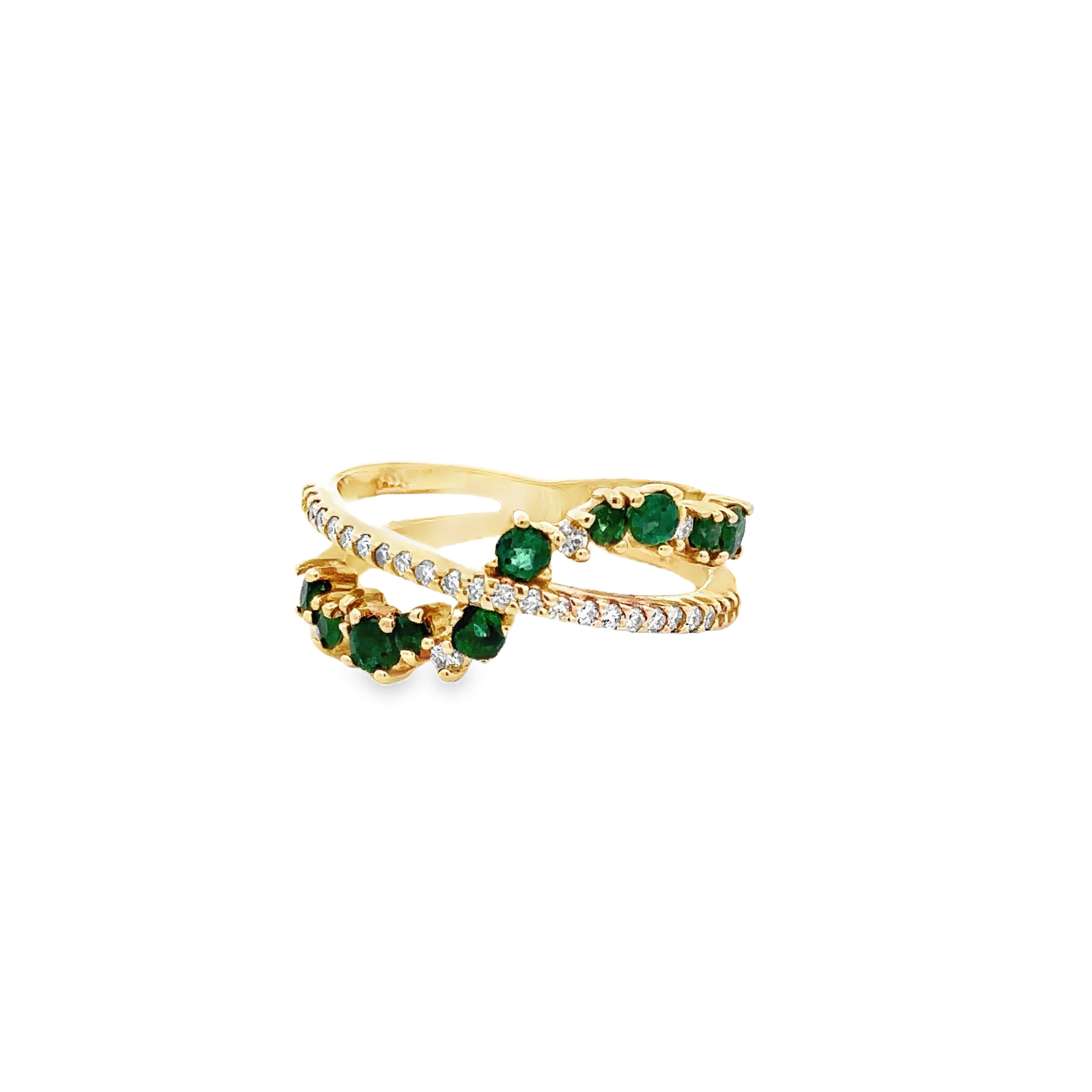 14KYG 10 EMERALDS 0.70CT & 27 BR DIAMONDS 0.23CT CROSS-OVER BAND