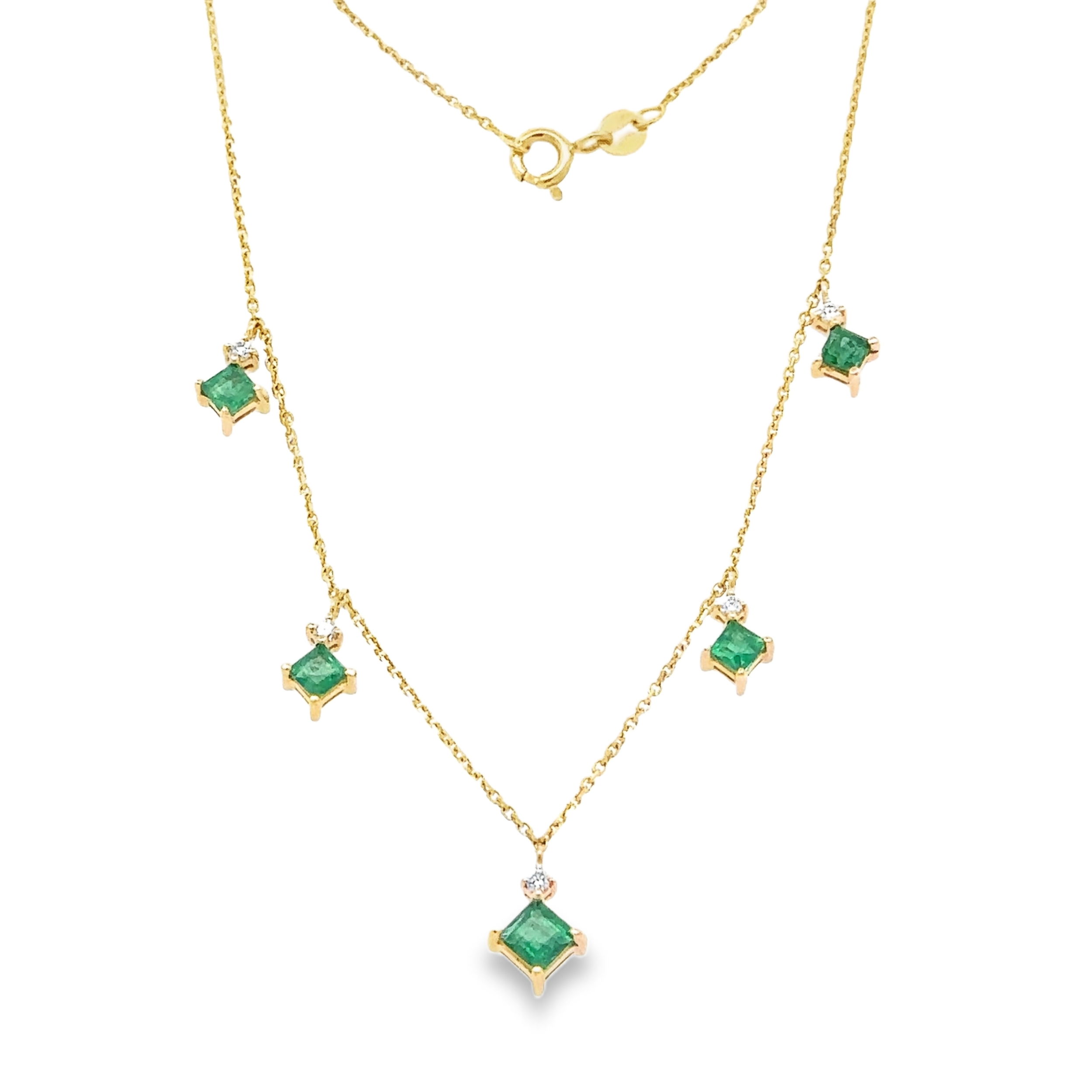 14KYG 5 SQUARE EMERALDS 1.40CT & 5 BR DIAMONDS 0.10CT DANGLE STATION NECKLACE