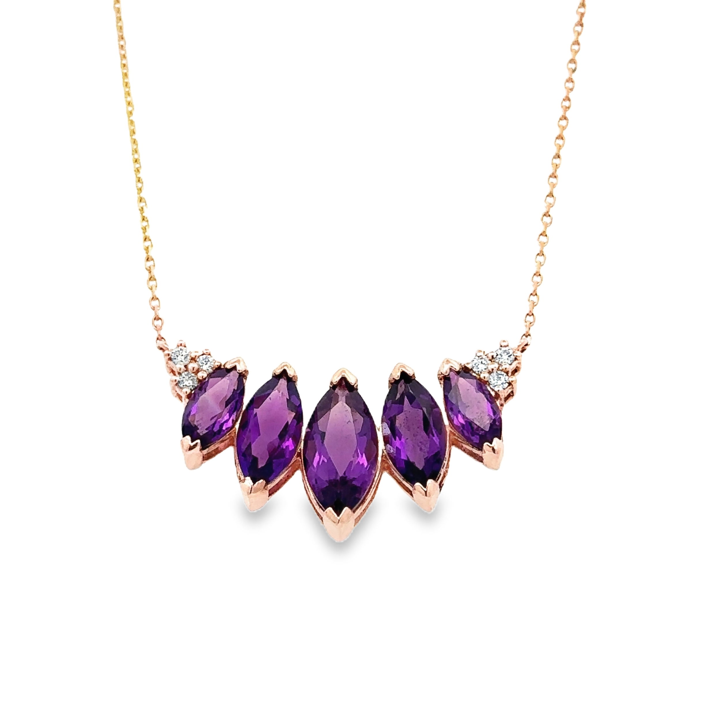 14KRG 5 MARQUISE AMETHYST 4.60CT & 6 BR DIAMONDS 0.13CT CURVED BAR NECKLACE 14KRG 5 MARQUISE AMETHYST 4.60CT & 6 BR DIAMONDS 0.13CT CURVED BAR NECKLACE