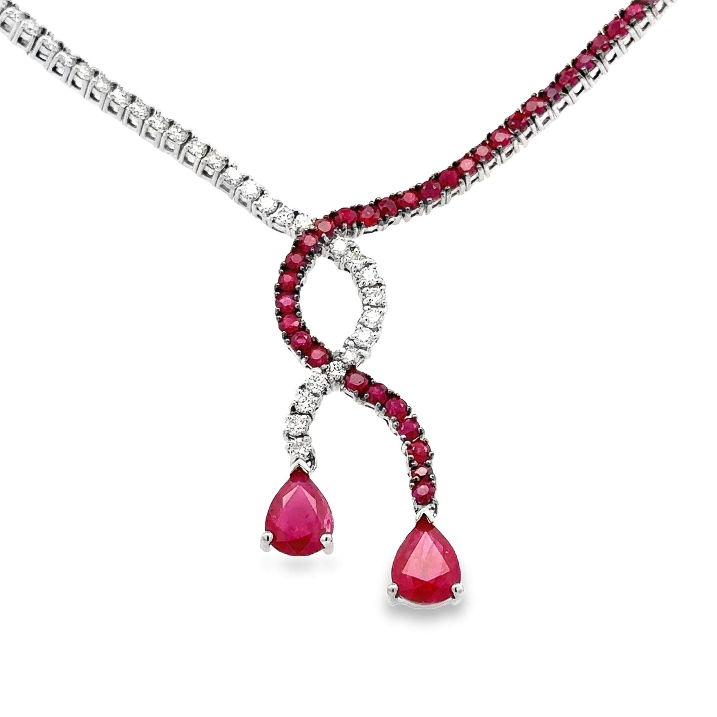 14KW 115 BR DIAMONDS 2.85CT & 119 RUBIES 8.20CT TENNIS STYLE 17" CRISS-CROSS TENNIS NECKLACE