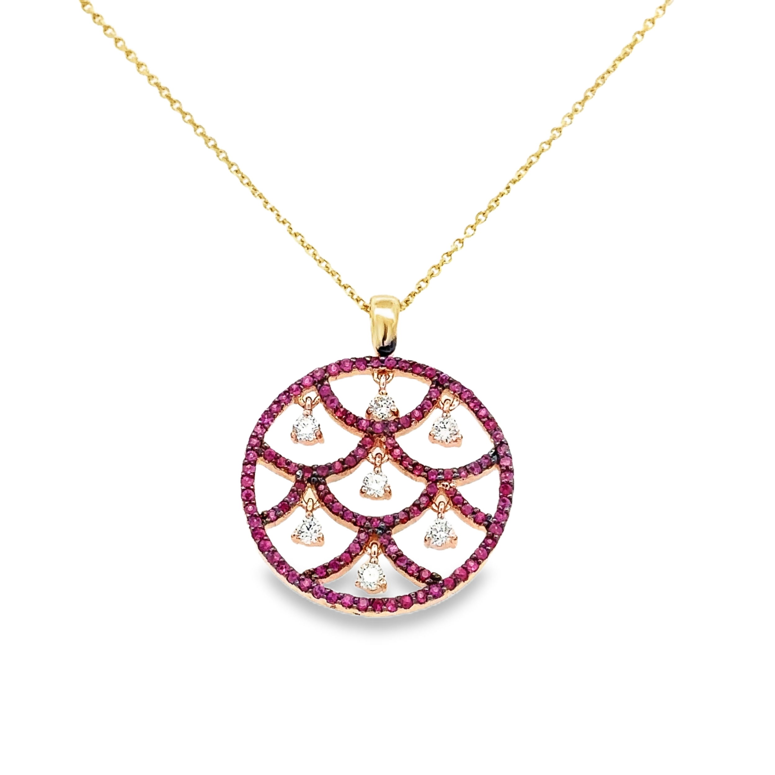 14KYG 7 BR DIAMONDS 1.00CT & 112 RUBIES CIRCLE PENDANT W/ 16" CABLE CHAIN 14KYG 7 BR DIAMONDS 1.00CT & 112 RUBIES CIRCLE PENDANT W/ 16" CABLE CHAIN