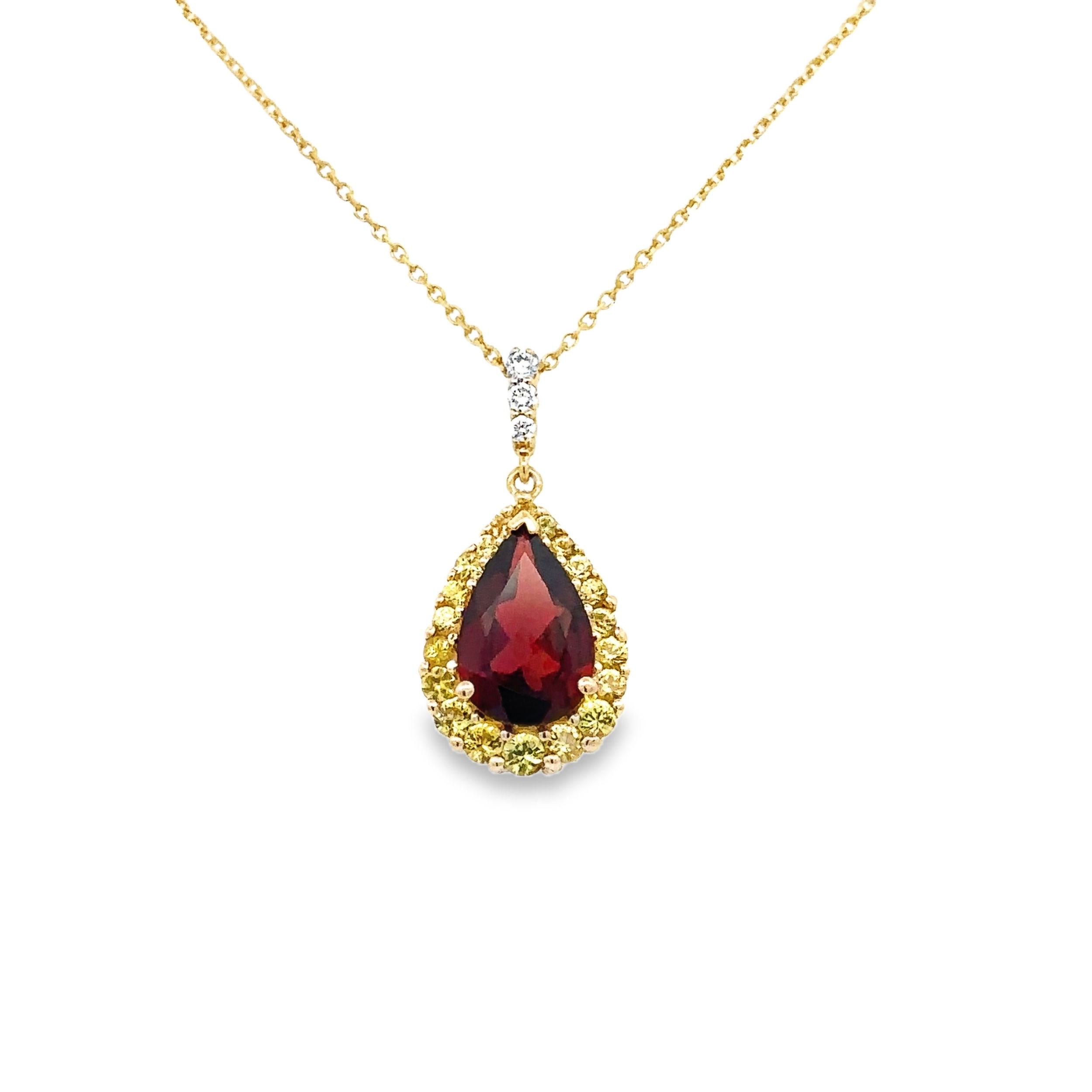14KYG PEAR GARNET & 20 YELLOW SAPPHIRES 4.15CTW & 3 BR DIAMONDS 0.07CT HALO PENDANT W/16" CABLE CHAIN 14KYG PEAR GARNET & 20 YELLOW SAPPHIRES 4.15CTW & 3 BR DIAMONDS 0.07CT HALO PENDANT W/16" CABLE CHAIN
