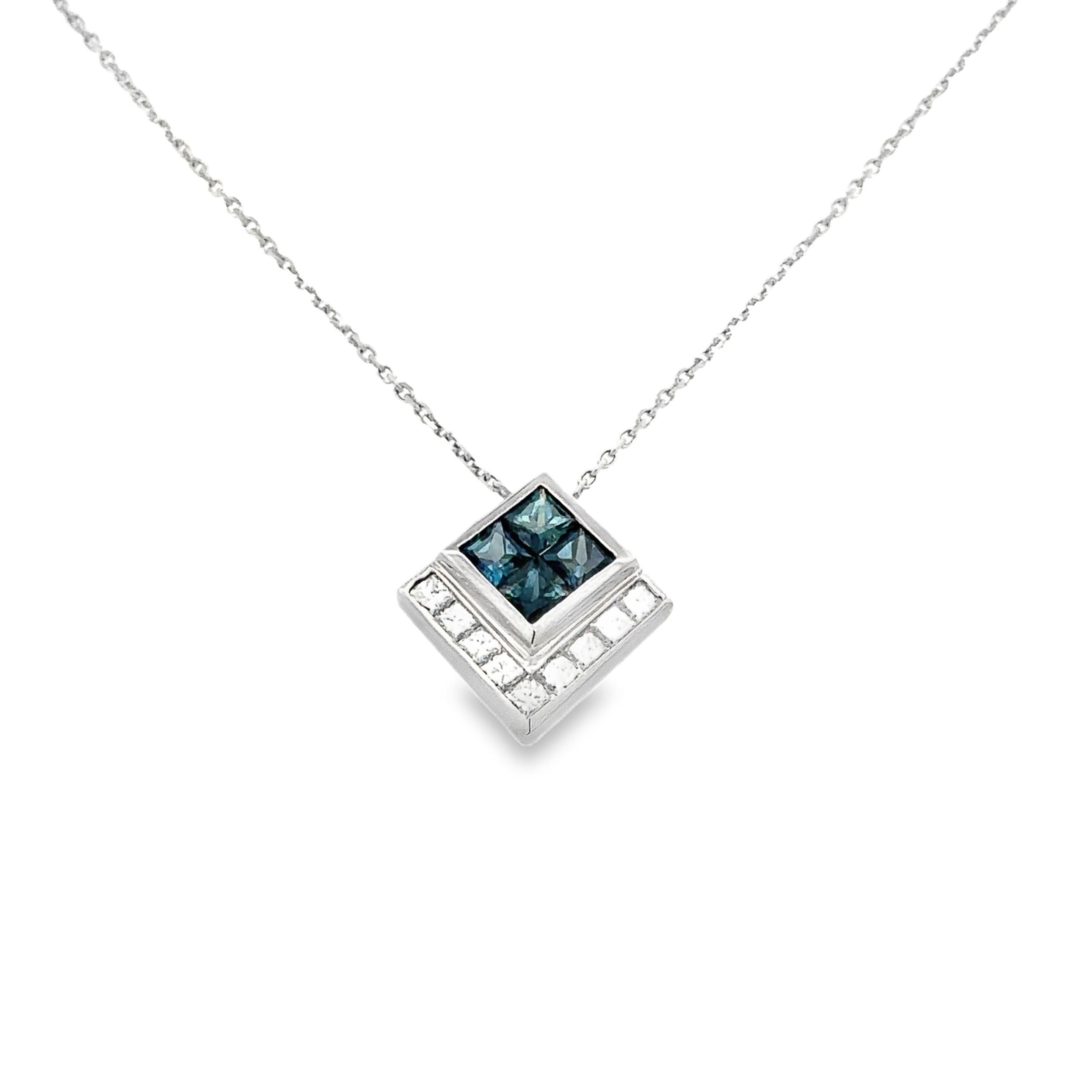 14KWG 4 PRINCESS CUT SAPPHIRES 1.10CT & 9 PRINCESS CUT DIAMONDS 0.43CT CHANNEL SET 16" NECKLACE