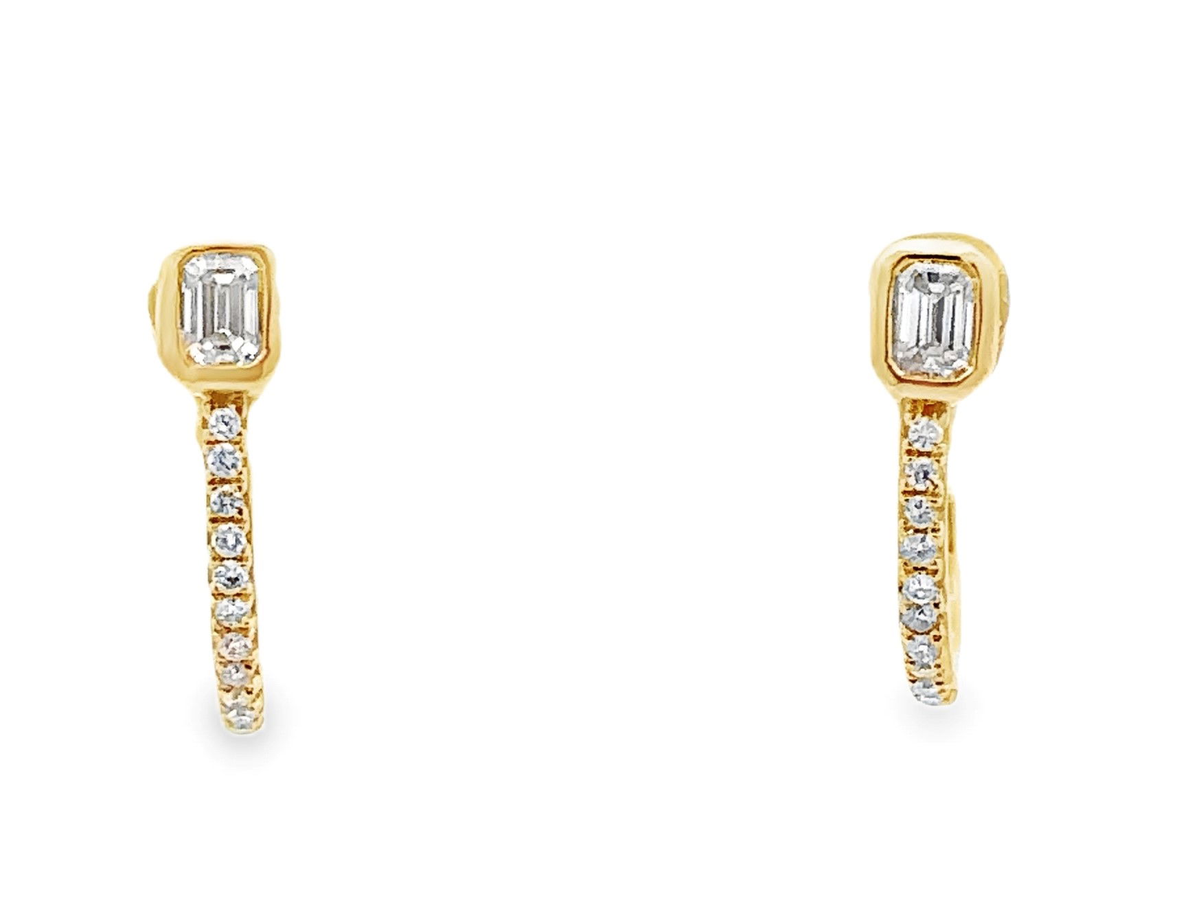 14KYG 2 EMERALD CUT & 24 BR DIAMONDS 0.22CT HUGGIE "J" HOOP EARRINGS