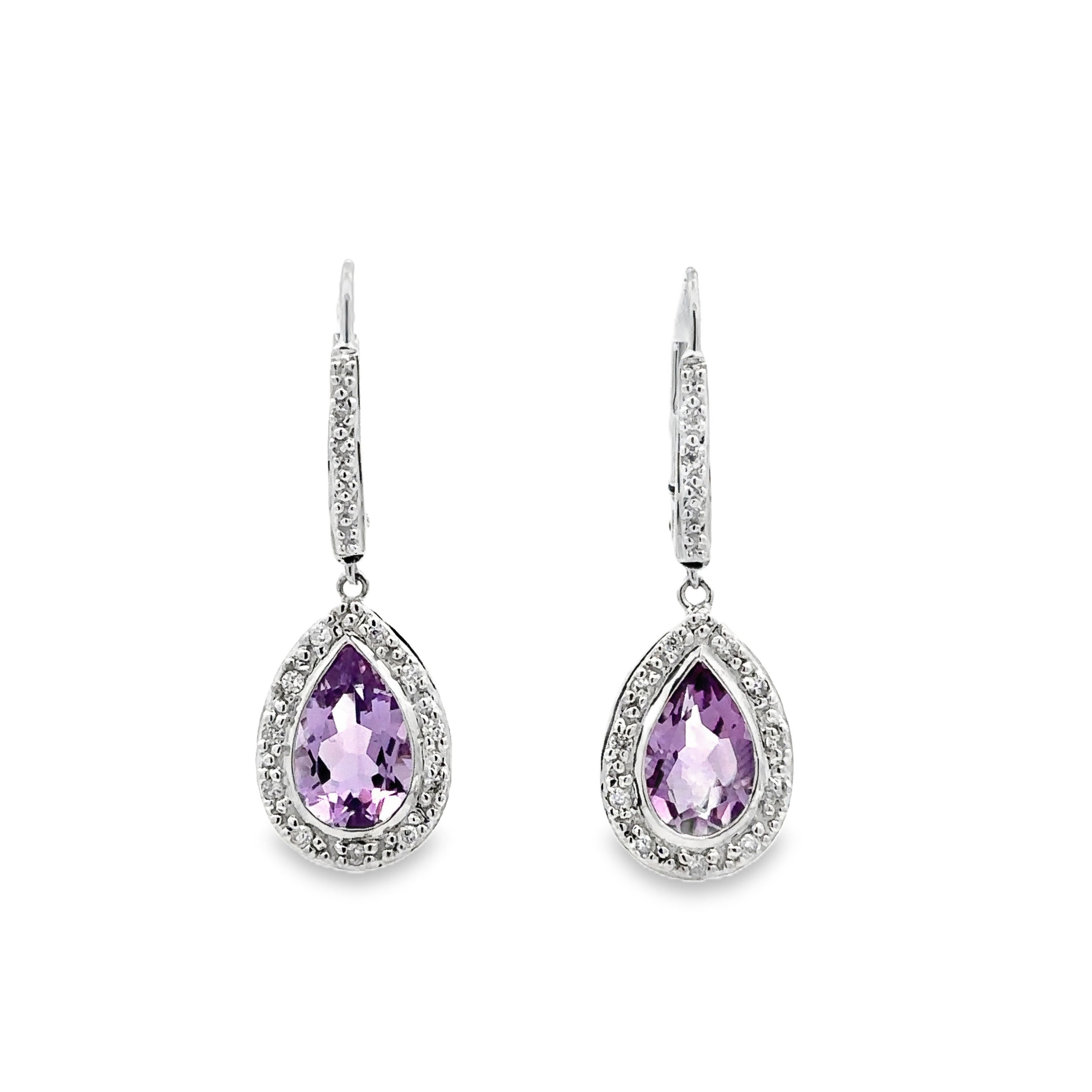 14KWG 2 PEAR SHAPE AMETHYST 2.50CT & 26 BR DIAMONDS 0.20CT DANGLE HALO EARRINGS 14KWG 2 PEAR SHAPE AMETHYST 2.50CT & 26 BR DIAMONDS 0.20CT DANGLE HALO EARRINGS
