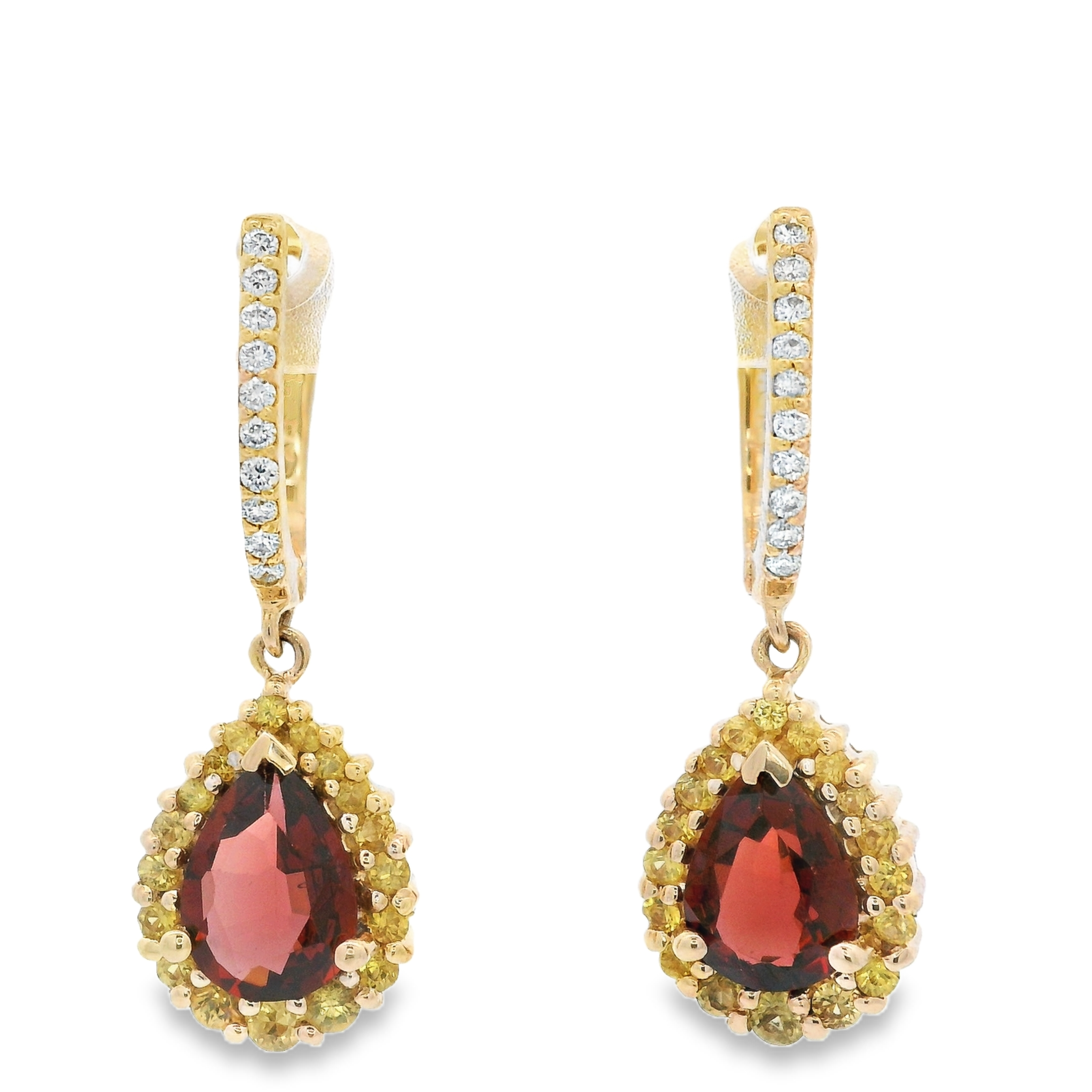 14K YG 2 PEAR SHAPE GARNETS & 36 YLW SAPP 3.00CTW & 20 RD DIA'S 0.14CT DANGLE EARRINGS