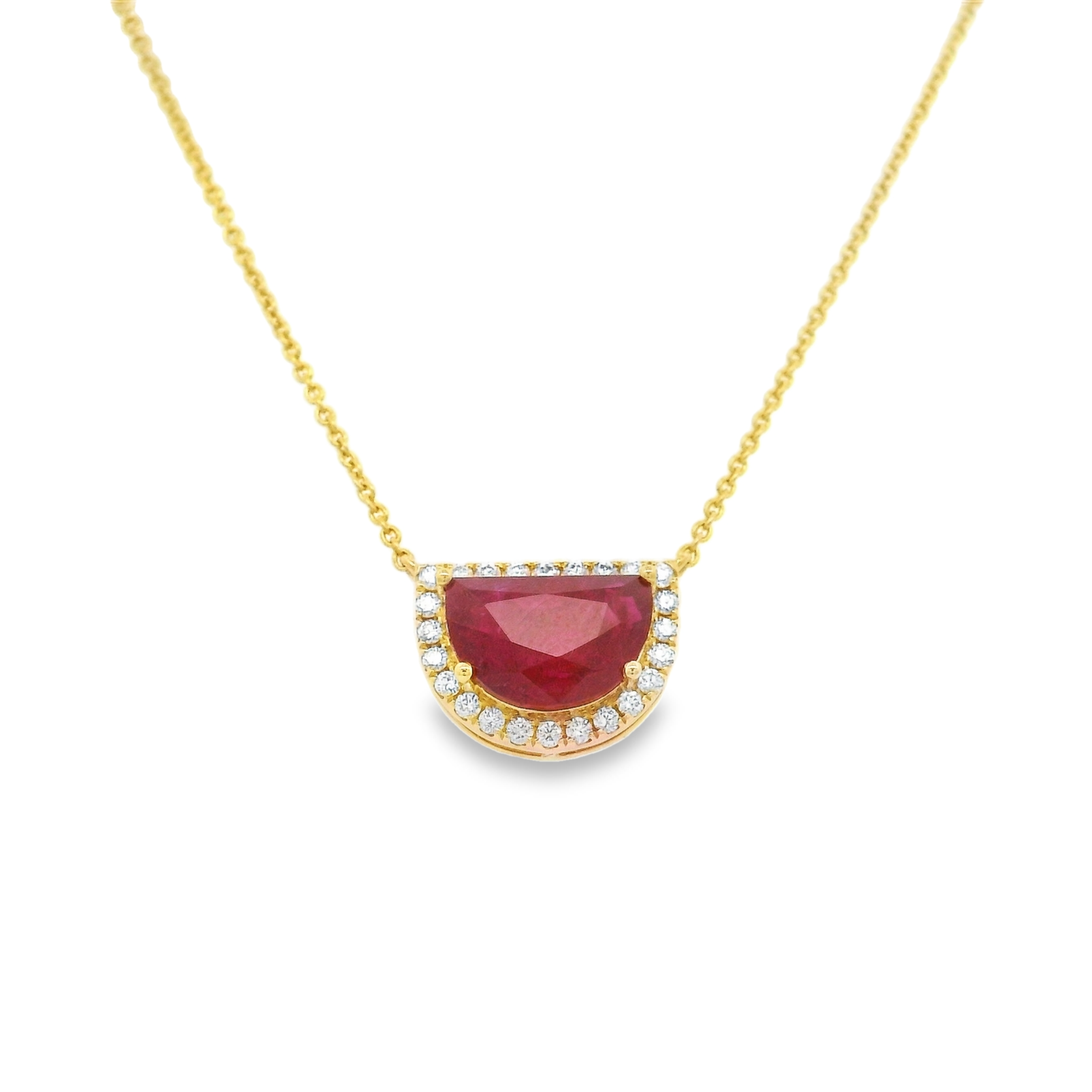 18KYG 2.75CT HALF-MOON RUBY (GIA#6207708411---UNHEATED) & 24 BR DIAMONDS 0.21CT HALO STATION NECKLACE