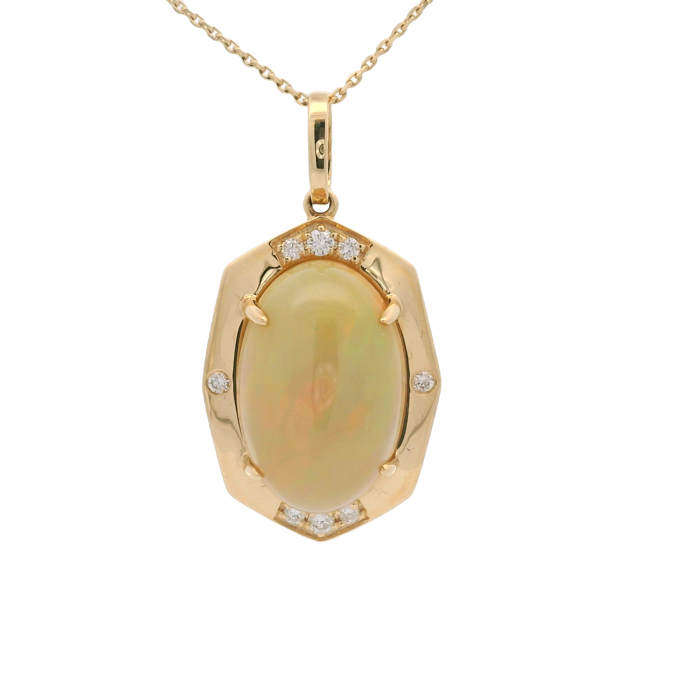 18KYG 6.29CT OVAL ETHIOPIAN OPAL & 8 BR DIAMONDS 0.12CT PENDANT W/18" CABLE CHAIN