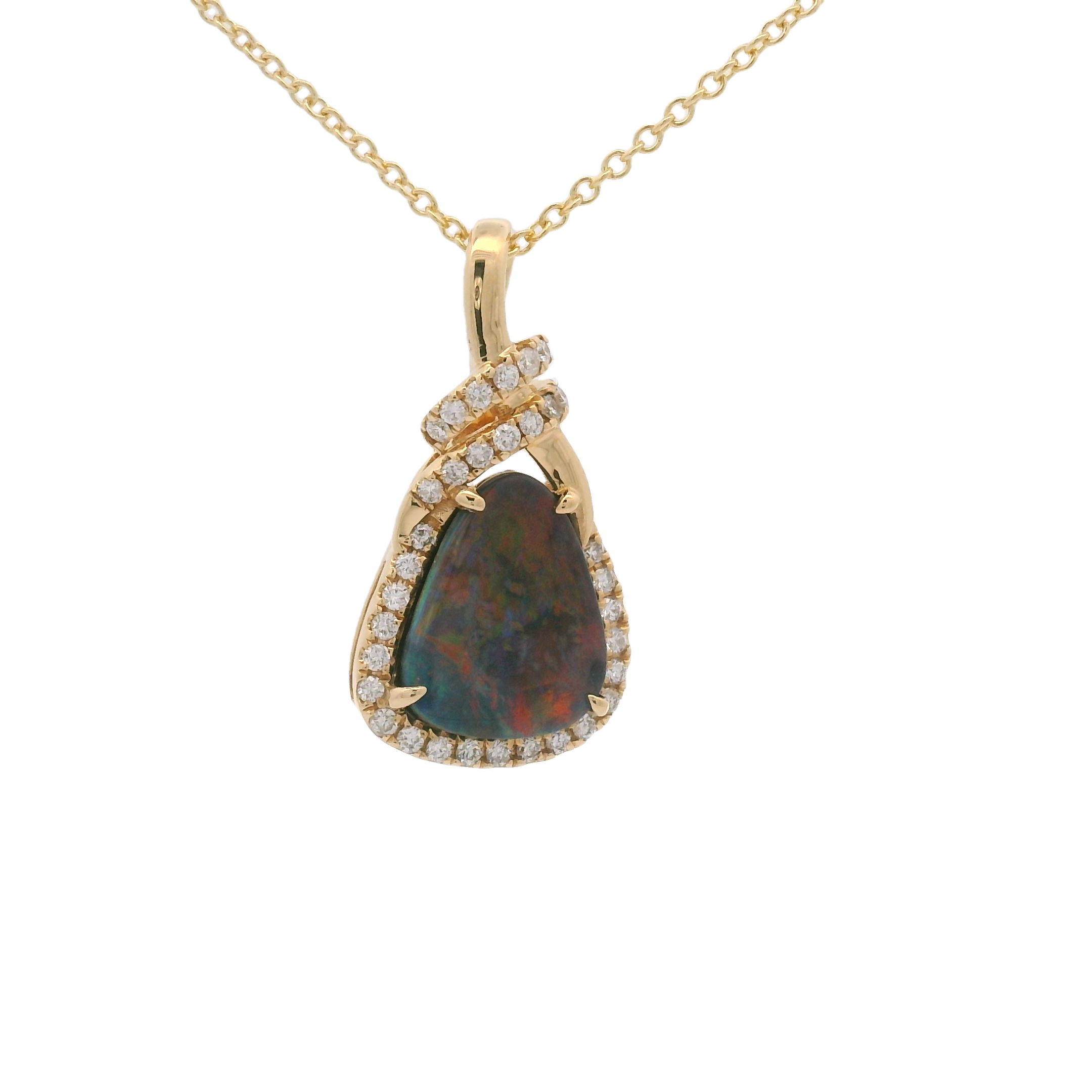 18KYG 0.91CT BLACK OPAL & 33 BR DIAMONDS 0.15CT FREE-FORM PENDANT W/18" CABLE CHAIN 18KYG 0.91CT BLACK OPAL & 33 BR DIAMONDS 0.15CT FREE-FORM PENDANT W/18" CABLE CHAIN