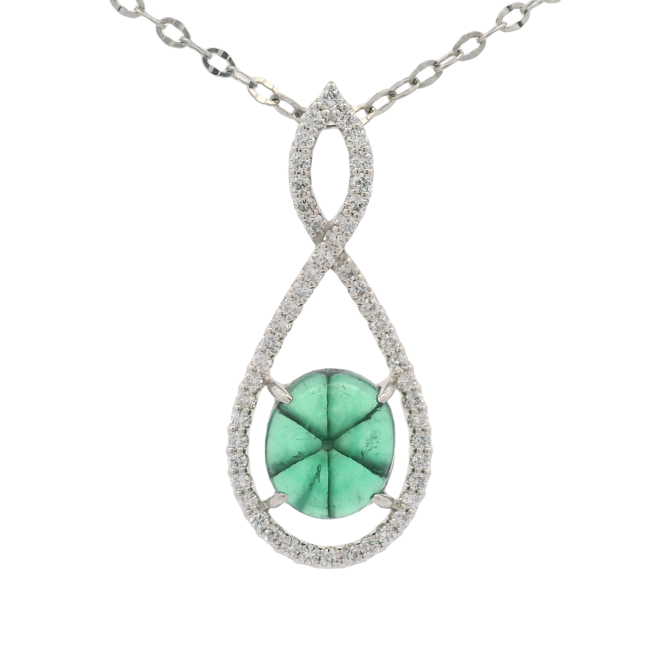PLATINUM 4.14CT OVAL TRAPICHE EMERALD & 52 BR DIAMONDS 0.63CT HALO PENDANT W/ 18" PAPERCLIP CHAIN