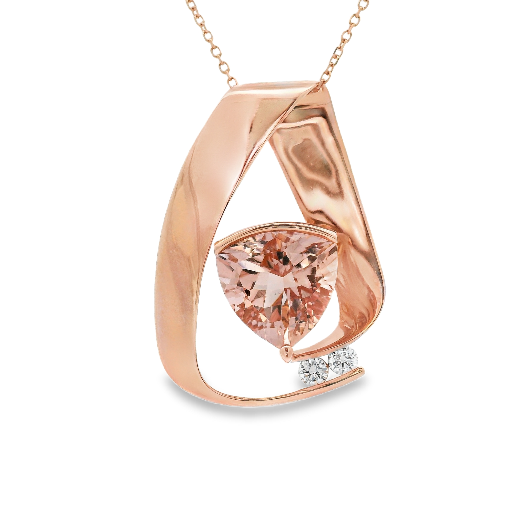 14KRG 4.77CT TRILLIAN CUT MORGANITE & 2 BR DIAMONDS 0.23CT POLISHED PENDANT W/18" CABLE CHAIN