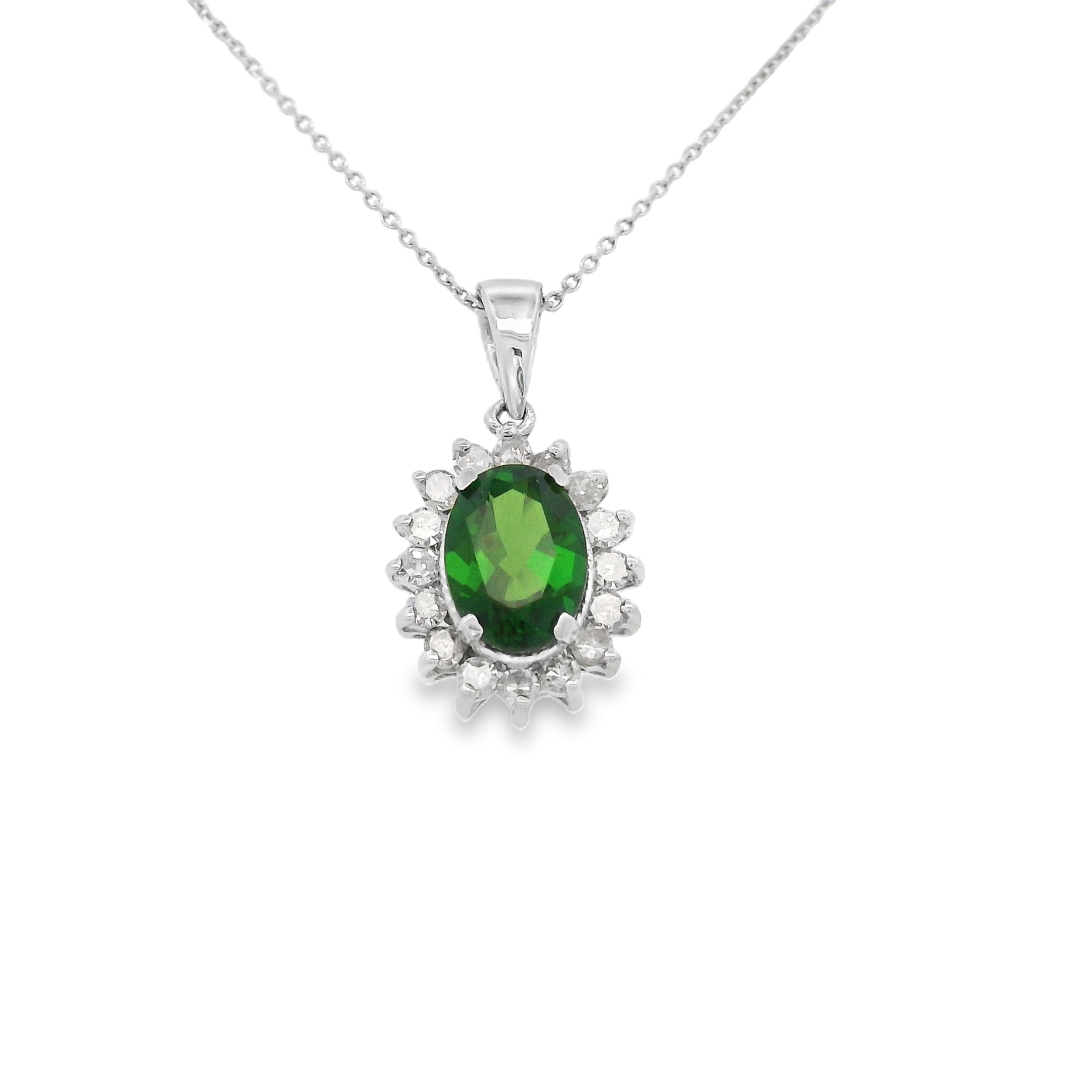 14KWG 0.85CT OVAL CHROME DIOPSIDE & 16 BR DIAMONDS 0.20CT CLASSIC HALO PENDANT W/16" CABLE CHAIN 14KWG 0.85CT OVAL CHROME DIOPSIDE & 16 BR DIAMONDS 0.20CT CLASSIC HALO PENDANT W/16" CABLE CHAIN