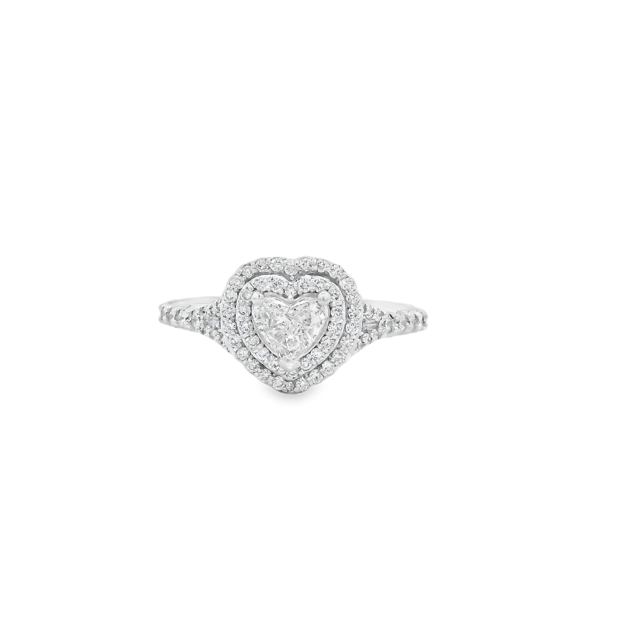 Celebrate your love story with this exquisite 14K white gold engagement ring, featuring a captivating 0.35 carat heart-shaped diamond at its center. Encircled by a glittering halo of 64 brilliant round diamonds totaling 0.37 carats, this ring sparkles with every glance. The delicate white gold band provides a timeless and elegant foundation, making this romantic piece the perfect symbol of your enduring commitment. Designed for those who cherish unique beauty and lasting elegance, this heart-shaped halo engagement ring will take her breath away. 14KWG 0.35CT HEART SHAPE DIAMOND & 64 BR 0.37CT HALO ENGAGEMENT RING