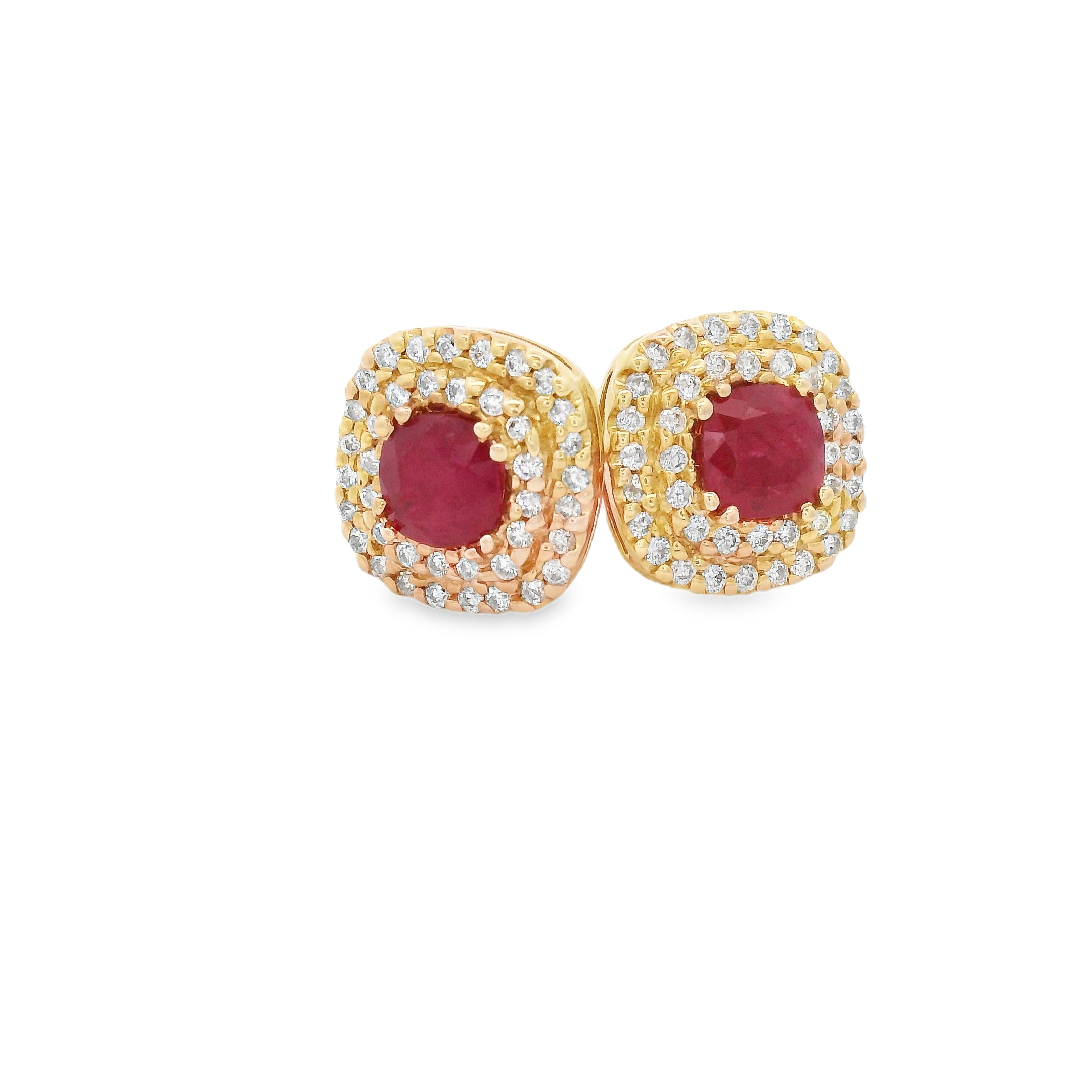 14K YELLOW GOLD EARRINGS WITH 2 CUSHION CUT RUBIES @ 0.70CT & 80 ROUND DIAMOND @ 0.22CT 14K YELLOW GOLD EARRINGS WITH 2 CUSHION CUT RUBIES @ 0.70CT & 80 ROUND DIAMOND @ 0.22CT