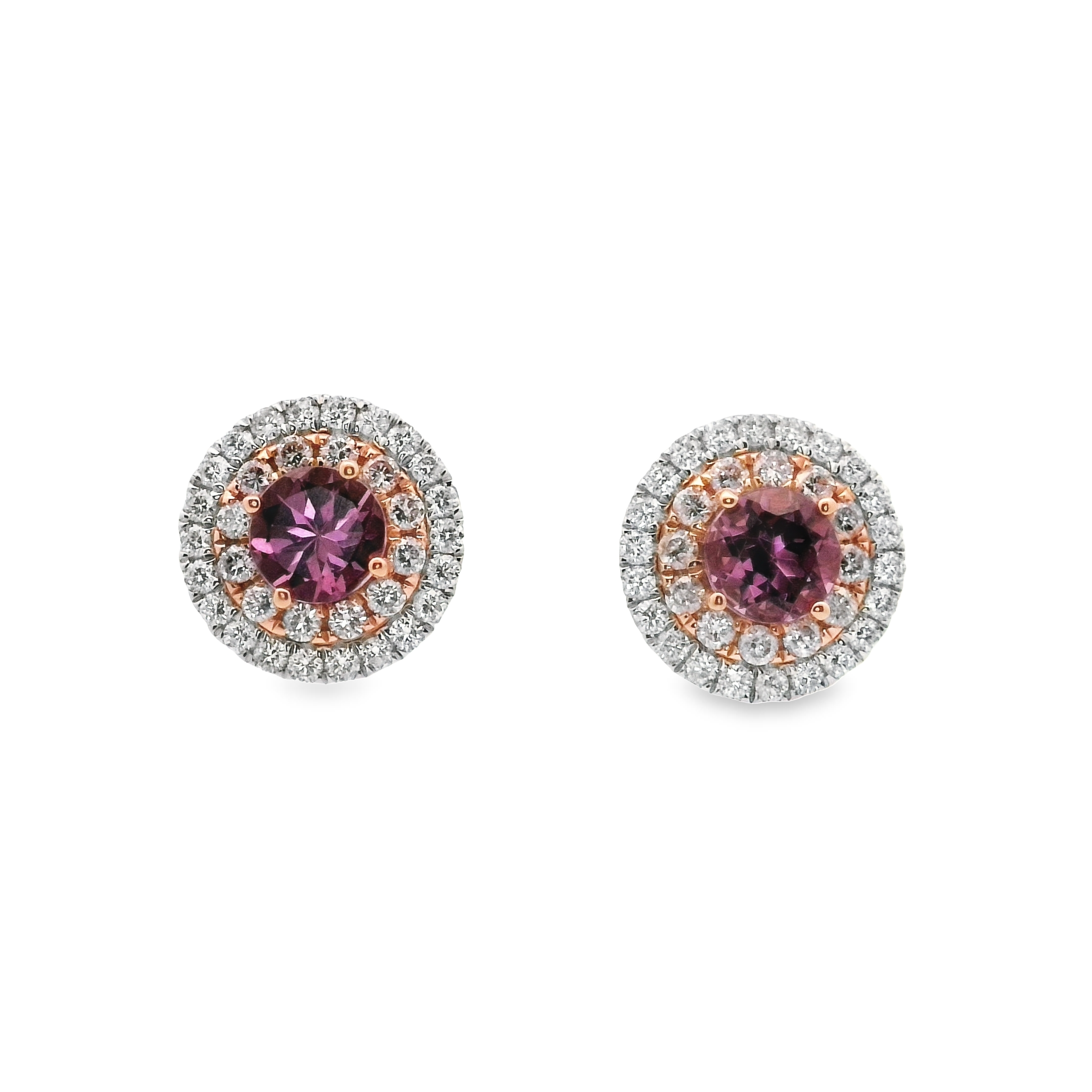 18K WG/RG 1.23CT MALAYA GARN & 24 PK DIA'S 44 DIA'S 0.75CT DOUBLE HALO STUD EARRINGS 18K WG/RG 1.23CT MALAYA GARN & 24 PK DIA'S 44 DIA'S 0.75CT DOUBLE HALO STUD EARRINGS