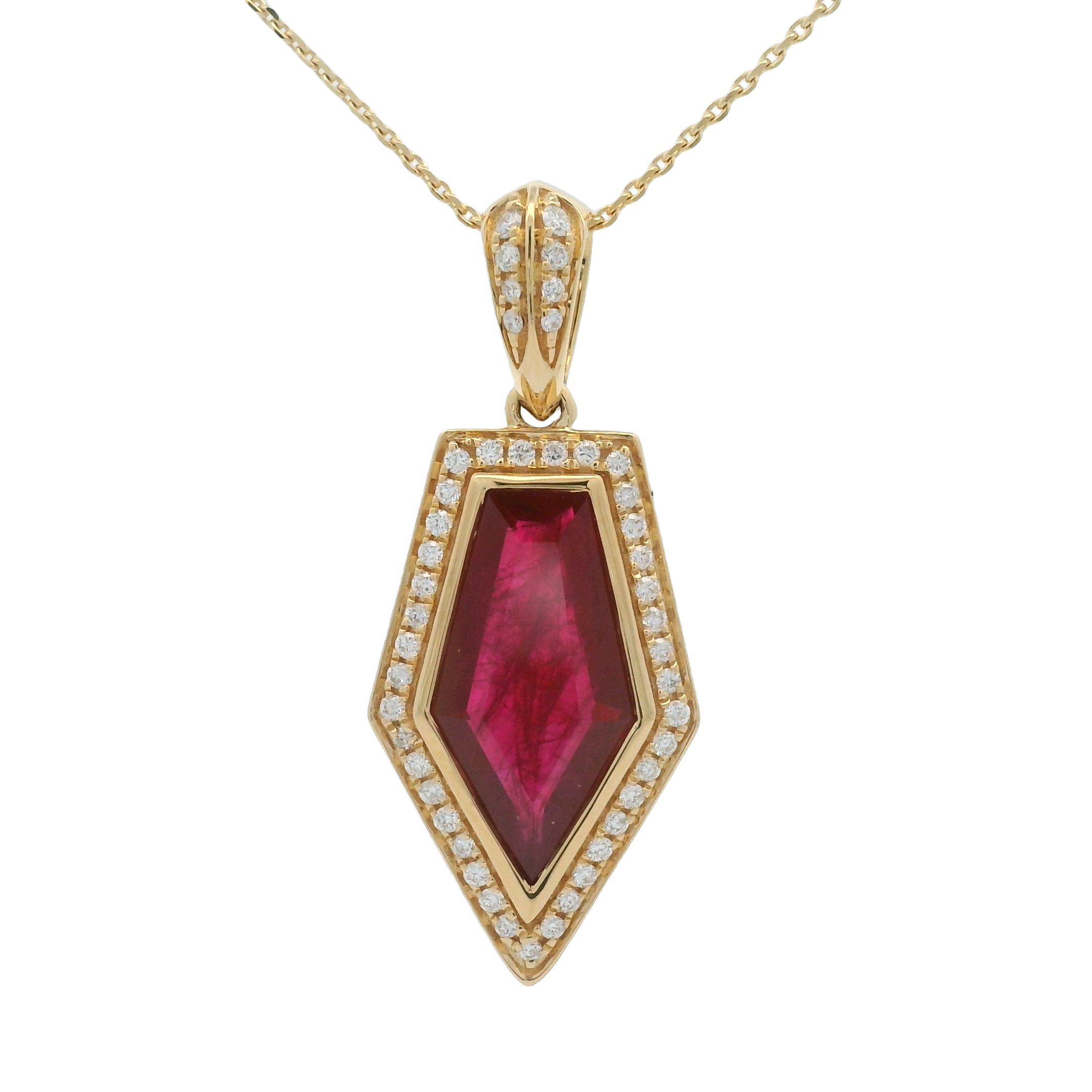 18KYG 3.04CT "KITE" CUT RUBY & 47 BR DIAMONDS 0.20CT PENDANT W/18" CABLE CHAIN 18KYG 3.04CT "KITE" CUT RUBY & 47 BR DIAMONDS 0.20CT PENDANT W/18" CABLE CHAIN