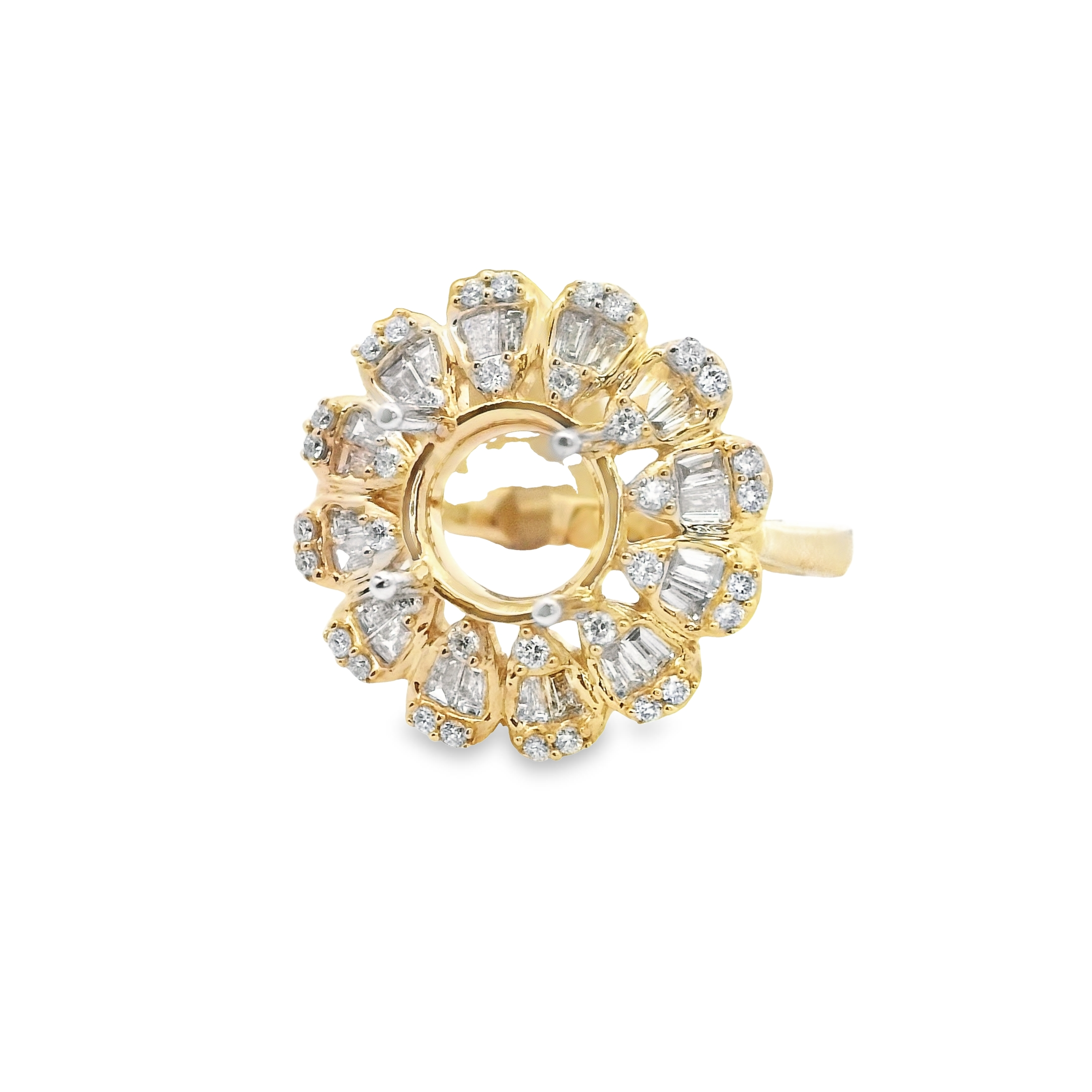 14KYG 36 BR DIAMONDS 24 BAGUETTE DIAMONDS 0.87CT "FLOWER" HALO SEMI-MOUNT FOR 9.0MM ROUND CENTER STONE 14KYG 36 BR DIAMONDS 24 BAGUETTE DIAMONDS 0.87CT "FLOWER" HALO SEMI-MOUNT FOR 9.0MM ROUND CENTER STONE