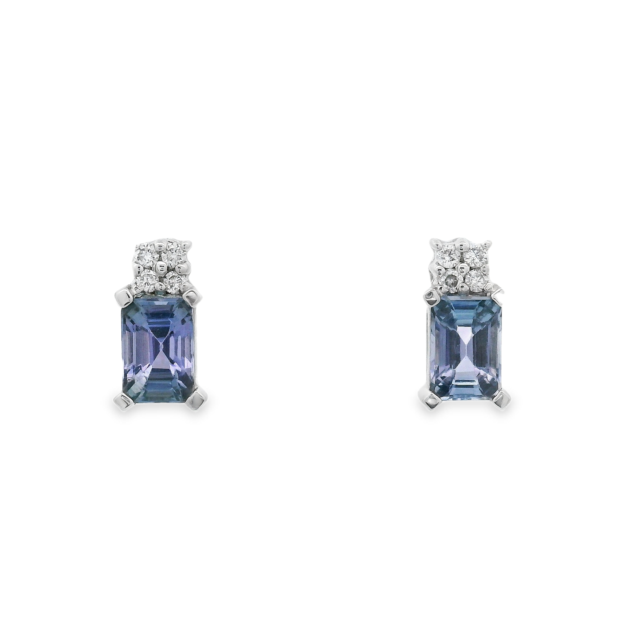 14KWG 2 EMERALD CUT TANZANITE @ 1.20CT & 8 ROUND DIAMONDS @ 0.08CT STUD EARRINGS 14KWG 2 EMERALD CUT TANZANITE @ 1.20CT & 8 ROUND DIAMONDS @ 0.08CT STUD EARRINGS