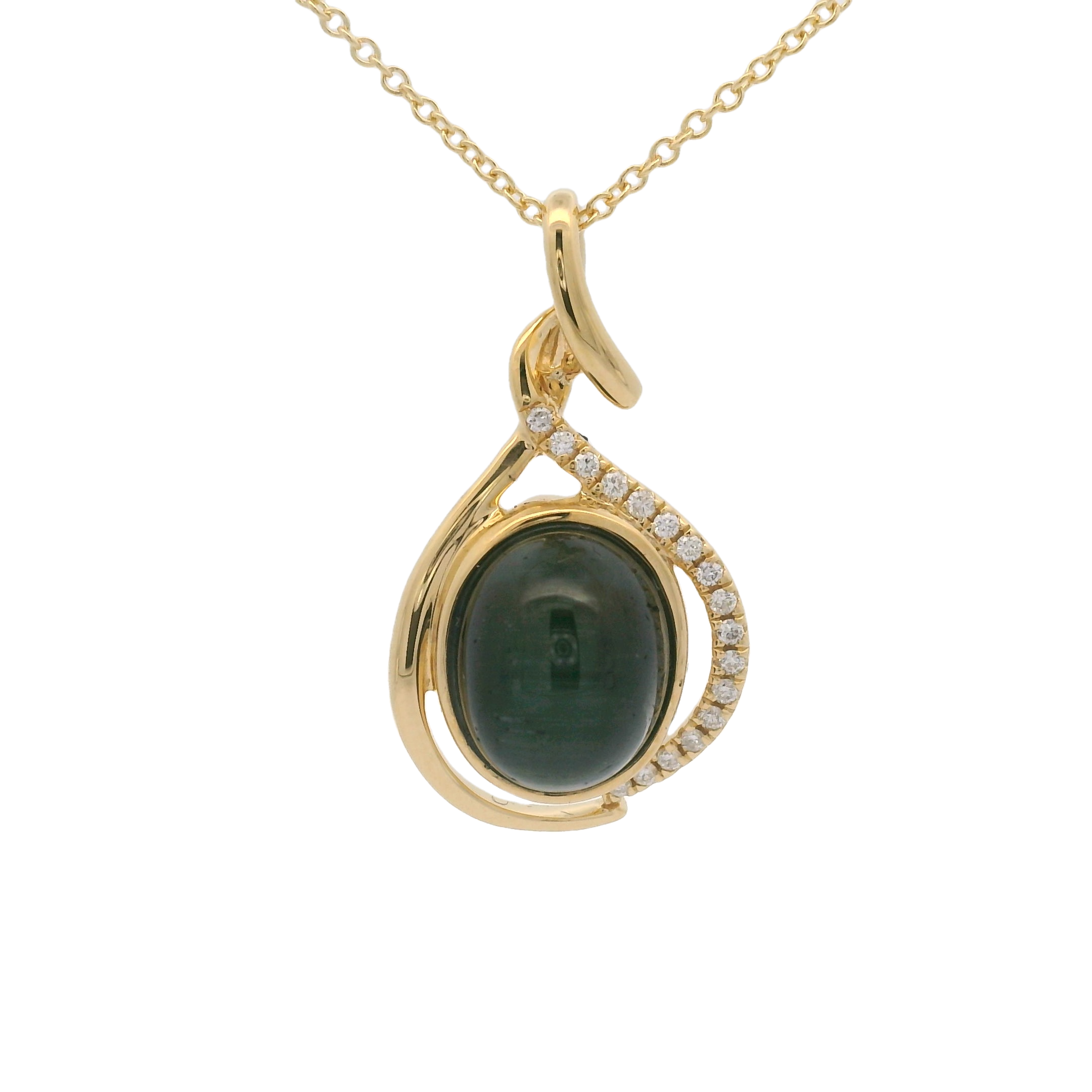18KYG 4.06CT CABOCHON CAT EYE TOURMALINE & 17 BR DIAMONDS 0.33CT PENDANT W/18" CABLE CHAIN 18KYG 4.06CT CABOCHON CAT EYE TOURMALINE & 17 BR DIAMONDS 0.33CT PENDANT W/18" CABLE CHAIN