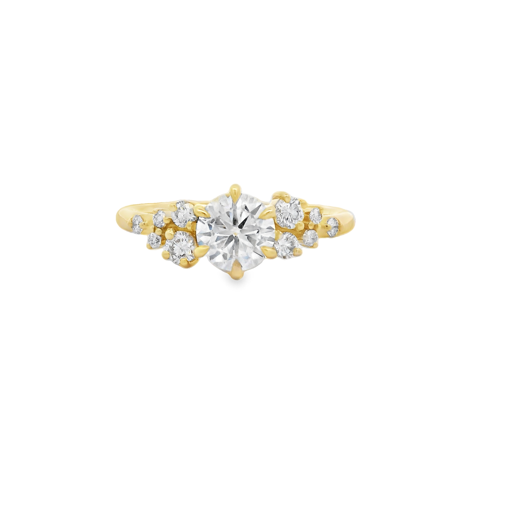 Celebrate your love with this exquisite 14K yellow gold engagement ring, featuring a dazzling 0.76 carat brilliant-cut lab grown center diamond, accented by ten sparkling lab grown round diamonds totaling 0.27 carats. Ethically crafted for beauty and responsibility, this timeless ring blends modern elegance with classic sophistication, making it the perfect symbol for your forever promise. 14KYG 0.76CT BR & 10 BR 0.27CT LAB GROWN DIAMOND ENGAGEMENT RING
