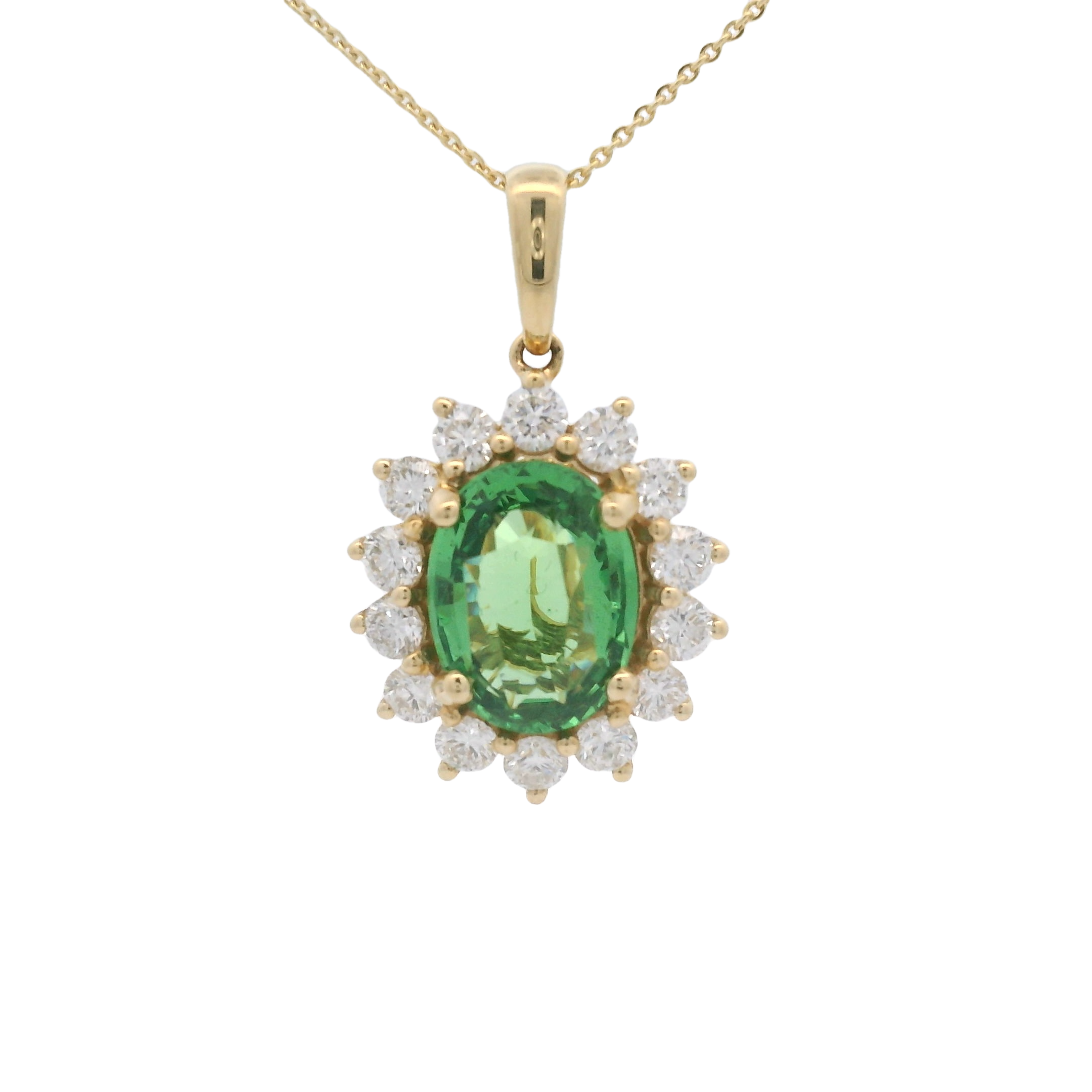 14KYG 2.37CT OVAL TSAVORITE GARNET & 14 BR DIAMONDS 0.78CT HALO PENDANT W/18" CABLE CHAIN