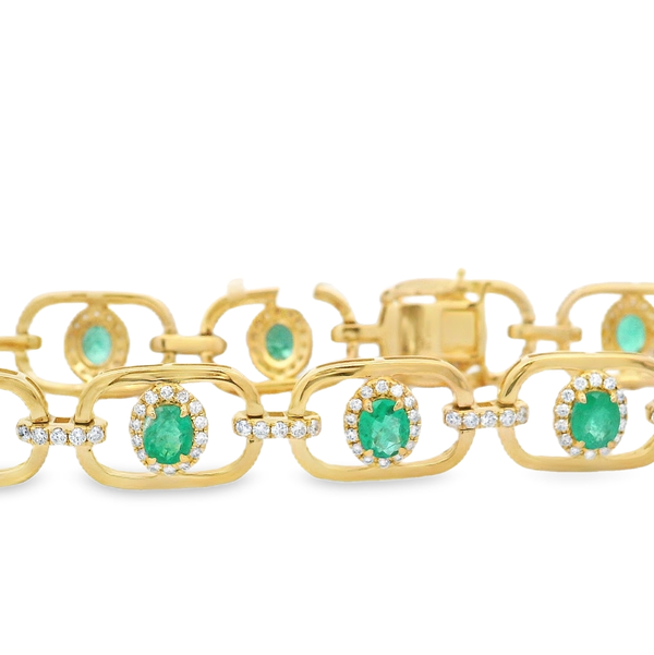 18KYG 12 OVAL EMERALDS 3.13CT & 228 BR DIAMONDS 1.27CT OPEN LINK FASHION BRACELET