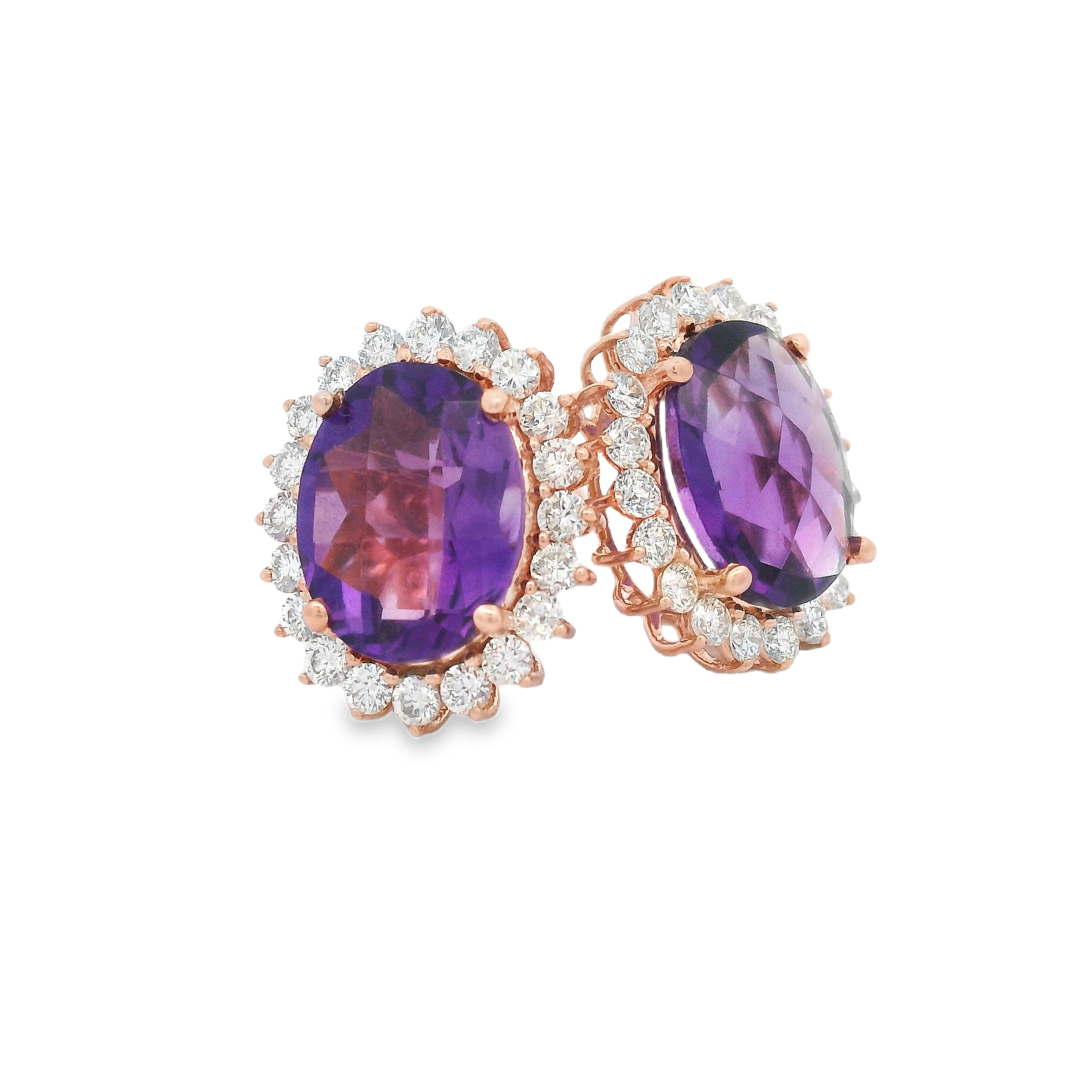 14K RG 2-OVL AME 3.40CTW & 40 BR DIA'S 0.60CTW HALO STUD EARRINGS