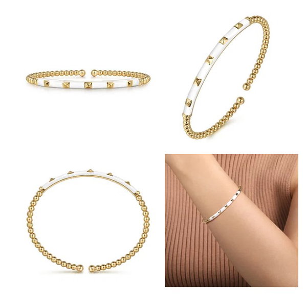 14K Yellow Gold Bujukan Beads and Pyramid Split Bangle with White Enamel
