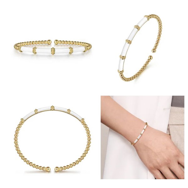 14K Yellow Gold Bujukan Beads Split Bangle with White Enamel