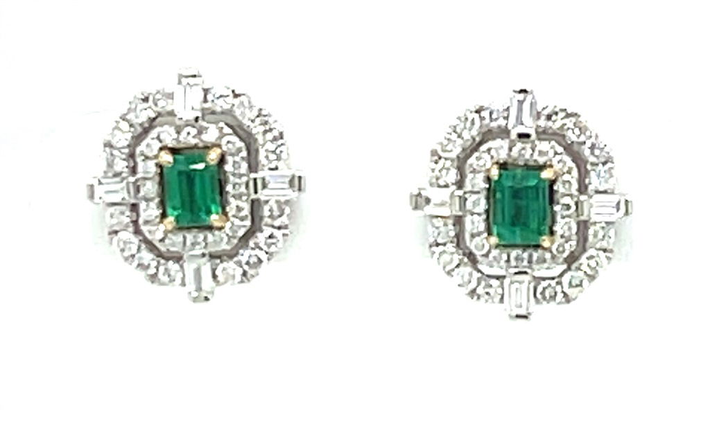 18KWG 2 EMERALD CUT EMERALDS 0.32CT - 8 BAG DIA & 64 BR DIA 0.58CT ART DECO INSPIRED HALO STUD EARRINGS 18KWG 2 EMERALD CUT EMERALDS 0.32CT - 8 BAG DIA & 64 BR DIA 0.58CT ART DECO INSPIRED HALO STUD EARRINGS