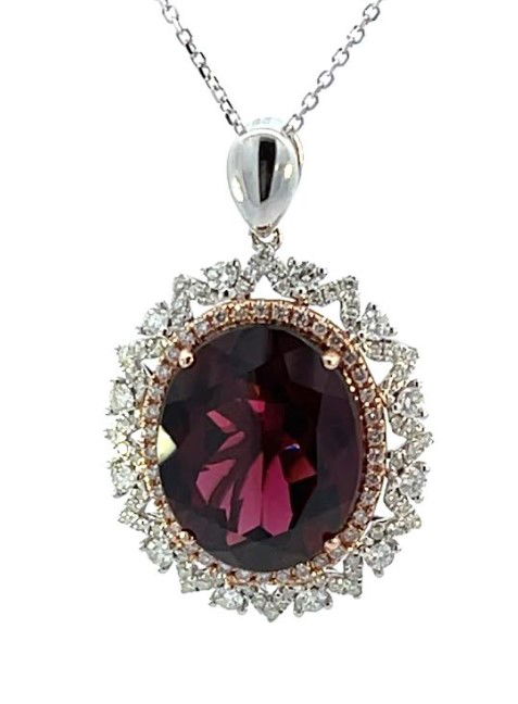 18KWG/RG 15.36CT OVAL RHODOLITE GARNET & 110 BR DIA 0.92CT HALO PENDANT W/18" CHAIN 18KWG/RG 15.36CT OVAL RHODOLITE GARNET & 110 BR DIA 0.92CT HALO PENDANT W/18" CHAIN