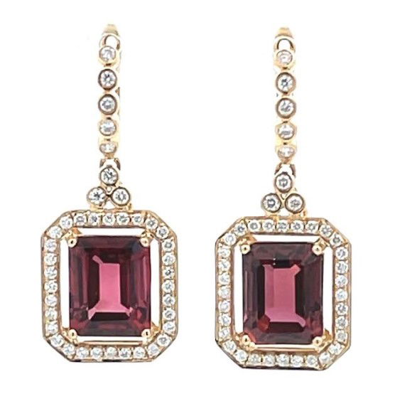 18KYG (2) EMERALD CUT PINK TOURMALINE 7.69CT & 80 BR DIA 0.68CT HALO DANGLE EARRINGS