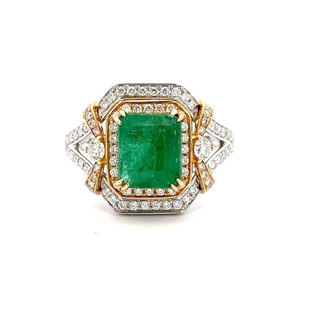 18KWG/YG 2.65CT EMERALD CUT EMERALD & 84 BR DIAMONDS 0.62CT HALO RING