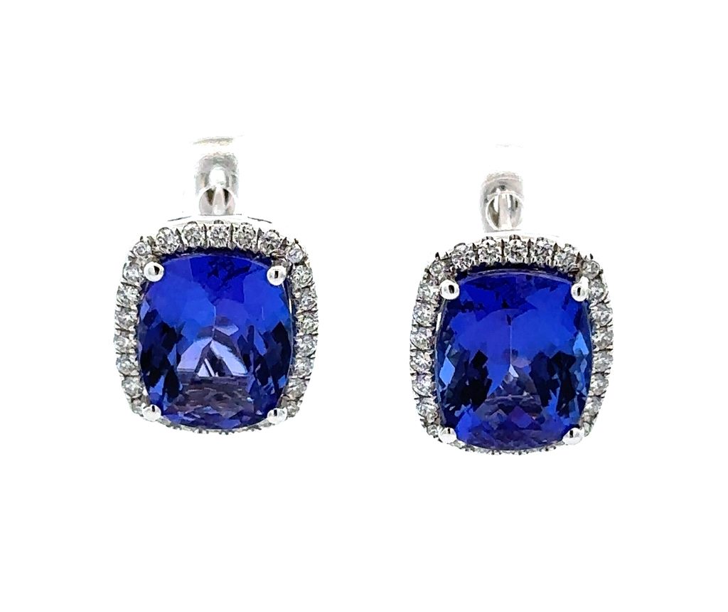14KWG 2 CUSHION TANZANITE 8.32CT & 52 BR DIAMONDS 0.48CT HALO LEVERBACK EARRINGS