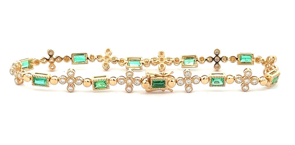 18KYG 10 EMERALD CUT EMERALDS 1.38CT & 50 BR DIAMONDS 0.78CT FASHION TENNIS BRACELET 18KYG 10 EMERALD CUT EMERALDS 1.38CT & 50 BR DIAMONDS 0.78CT FASHION TENNIS BRACELET