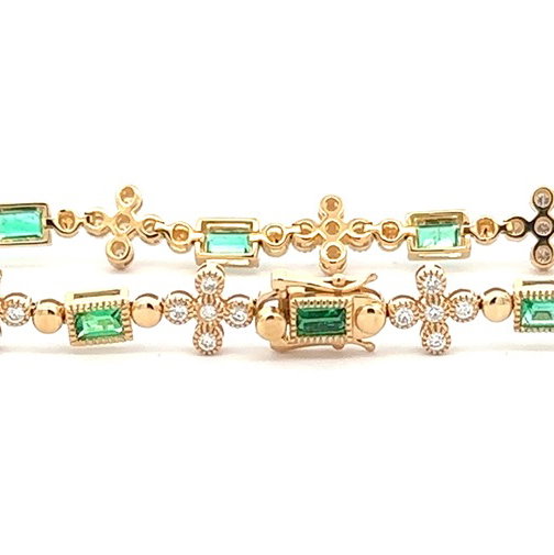 18KYG 10 EMERALD CUT EMERALDS 1.38CT & 50 BR DIAMONDS 0.78CT FASHION TENNIS BRACELET