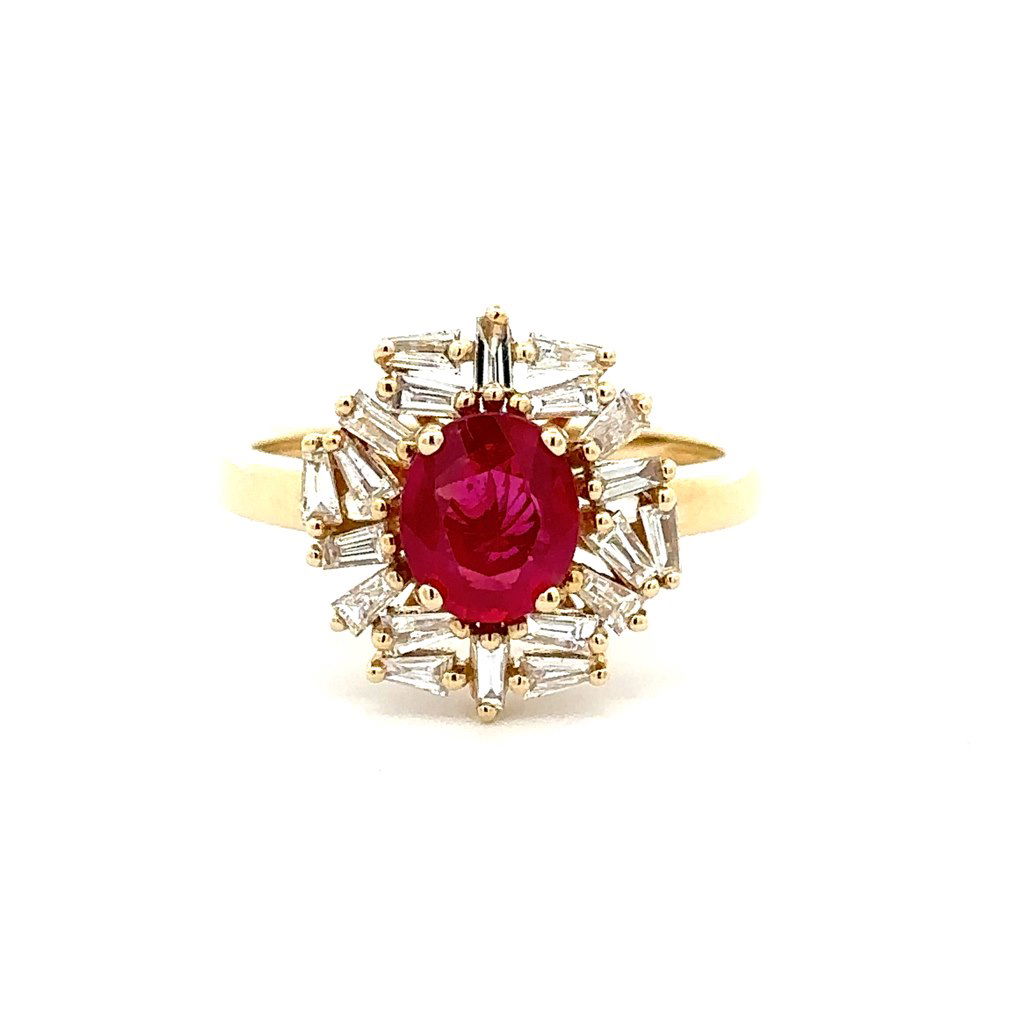 14KYG 1.26CT OVAL RUBY & 20 BAGUETTE DIAMONDS 0.49CT HALO RING