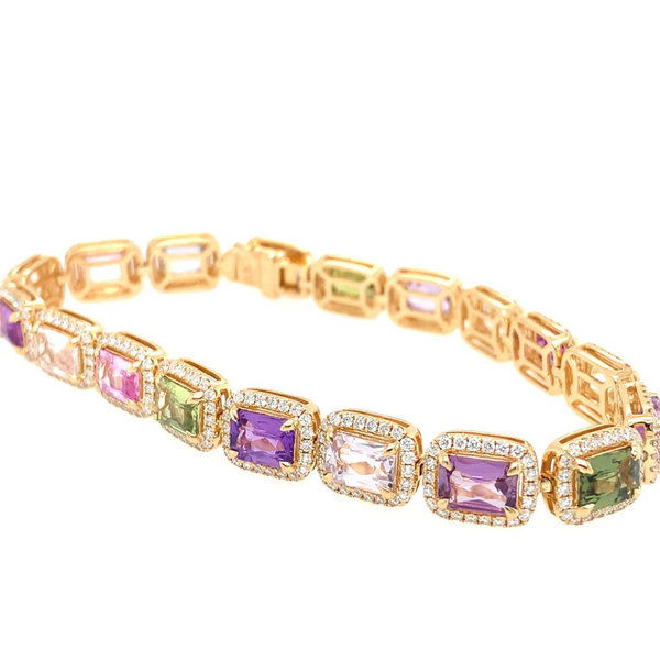 18KYG 18 RAD/EMD-CUT UNHEATED MULTI-COLOR SAP'S 16.68CTW & 396 BR DIA'S 2.64CT FASHION BRACELET- 7.25"GAL #202306406 (REPORT FILED)
