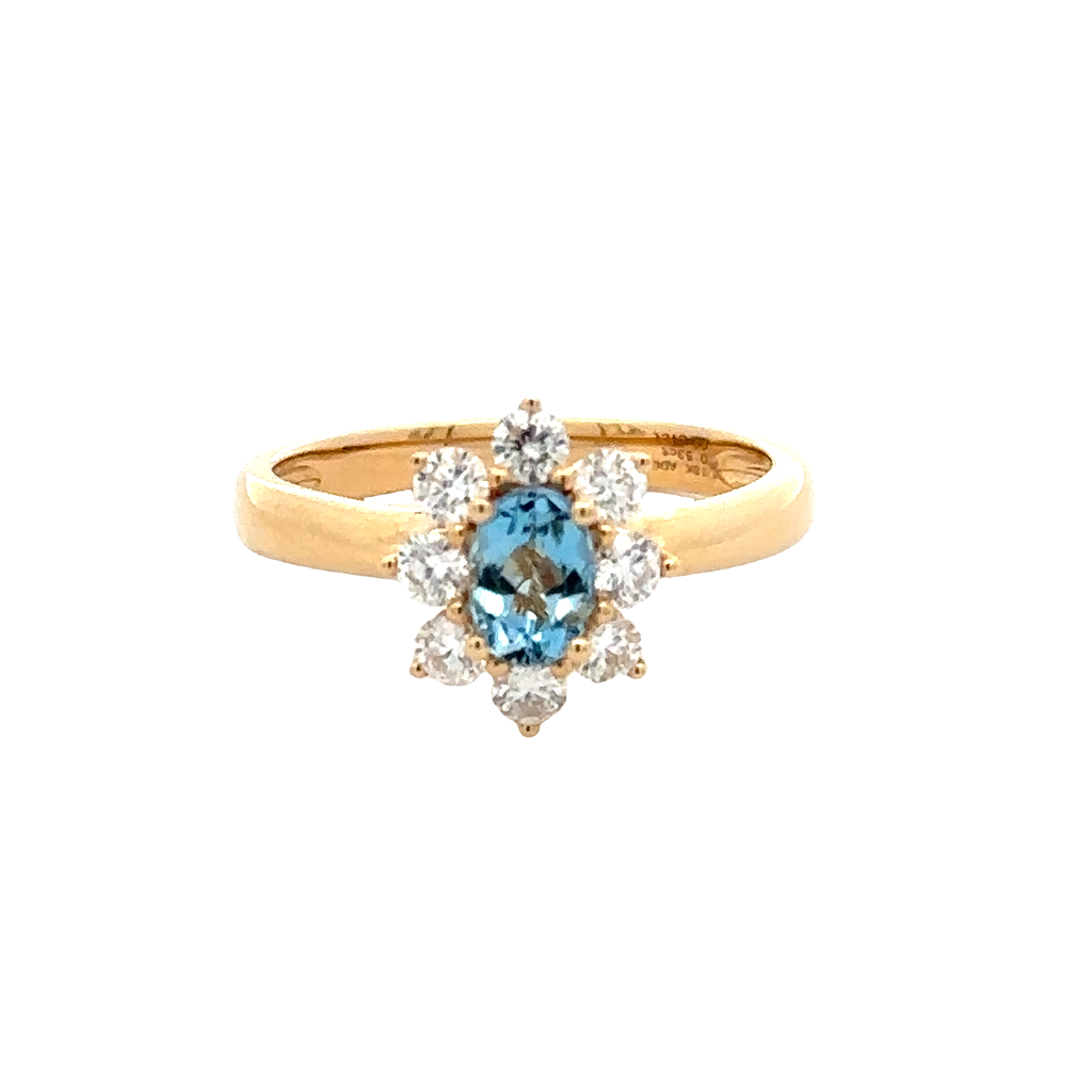 18KYG 0.53CT OVAL AQUAMARINE & 8 BR DIAMONDS 0.51CT CLASSIC HALO RING