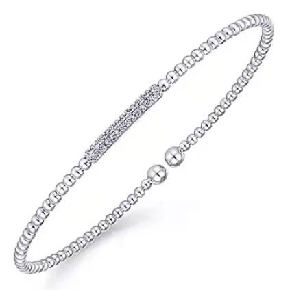 14K WG 28 BR DIA'S 0.14CT DOUBLE ROW BAR BUJUKAN BEAD BANGLE BRACELET- 6.25"