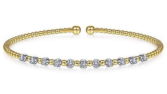 14K 2-TONE YELLOW/WHITE GOLD 11 ROUND DIAMONDS 0.37CT DIAMOND STATION AND BUJUKAN BEAD BANGLE BRACELET 14K 2-TONE YELLOW/WHITE GOLD 11 ROUND DIAMONDS 0.37CT DIAMOND STATION AND BUJUKAN BEAD BANGLE BRACELET
