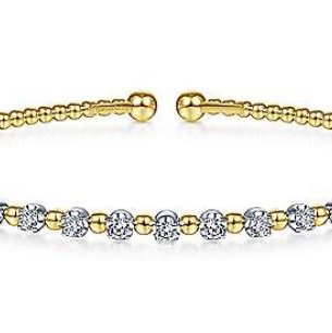14K 2-TONE YELLOW/WHITE GOLD 11 ROUND DIAMONDS 0.37CT DIAMOND STATION AND BUJUKAN BEAD BANGLE BRACELET