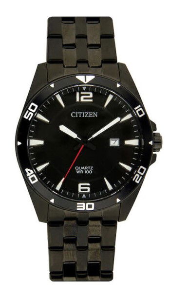 CITIZEN MENS BLACK STAINLESS QUARTZ WATCH W/RED SECOND HAND