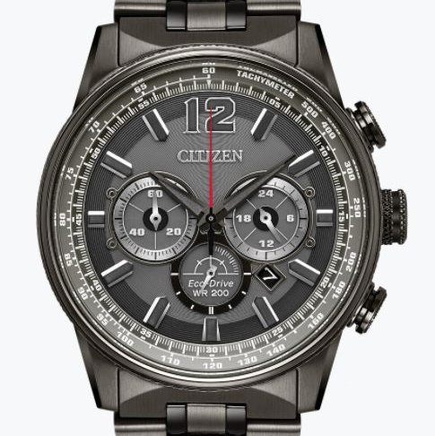CITIZEN "NIGHTHAWK" ECO-DRIVE MENS WATCH BLACK STAINLESS STEEL BAND & CHARCOAL GRAY CHRONOGRAPH DIAL